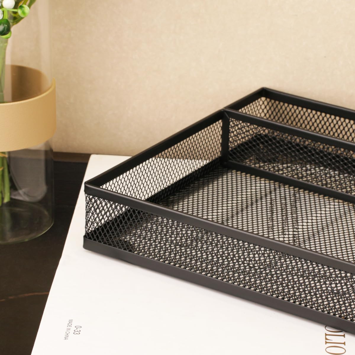 Gonice Black Metal Mesh Desk Drawer Organizer Tray with 5 Dividers for Office Supplies, Desk Cabinet with Drawers