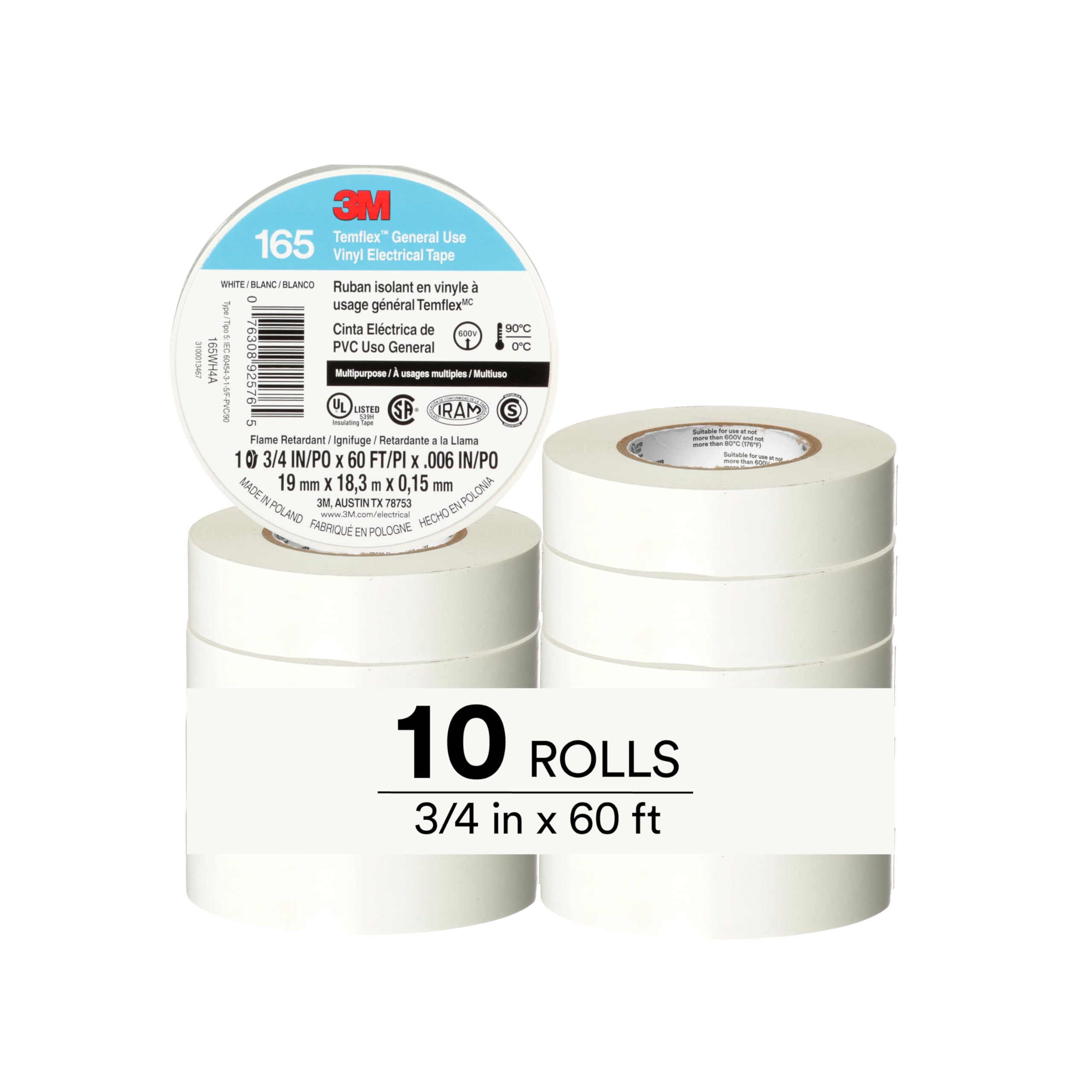 3M Temflex 165, Vinyl Colour Coding Electrical Tape, White, 3/4in x 60ft, 10 Rolls