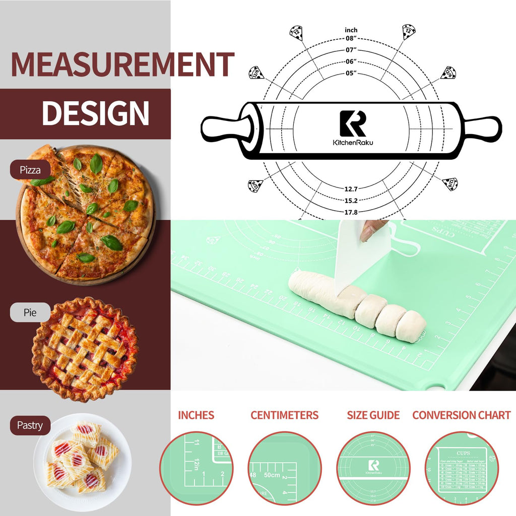 Silicone Baking Mat, Extra Thick Dough Rolling Pad with Measurements and Edge Heightening, Non-Stick Food Grade Silicone Pastry Mat for for Pastry, Bread, Cookies (Matcha Green Edge Up, 20x28 Inch)