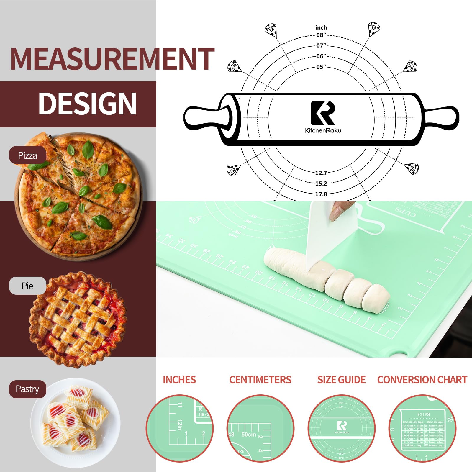 Silicone Baking Mat, Extra Thick Dough Rolling Pad with Measurements and Edge Heightening, Non-Stick Food Grade Silicone Pastry Mat for for Pastry, Bread, Cookies (Matcha Green Edge Up, 20x28 Inch)