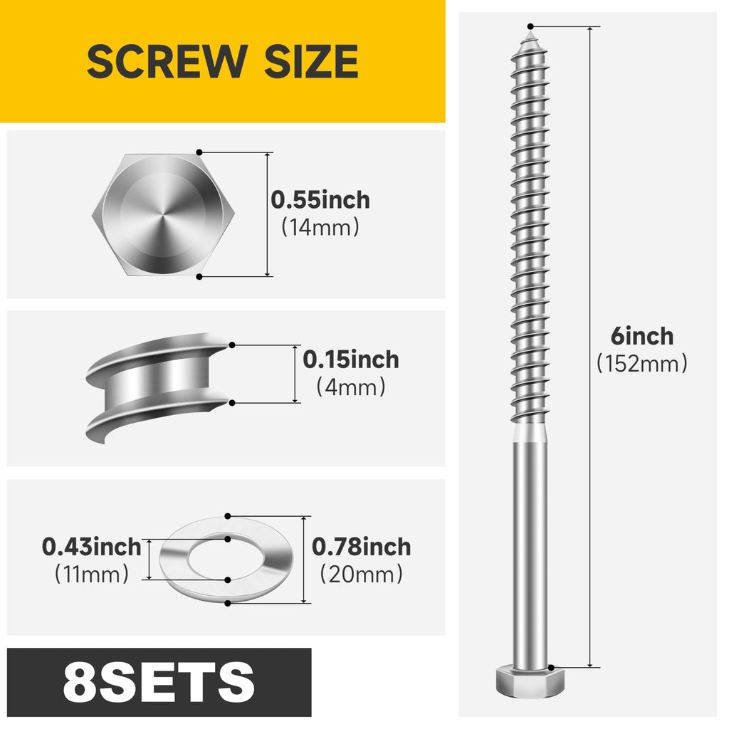 (8Sets) 3/8" x 6" Hex Head Lag Bolts, Heavy Duty Lag Screws with Washers, 304 Stainless Steel Bolts 18-8, Lag Screws Wood Screws, Partial Thread Bright Finish, 3/8 Bolt by Mywish