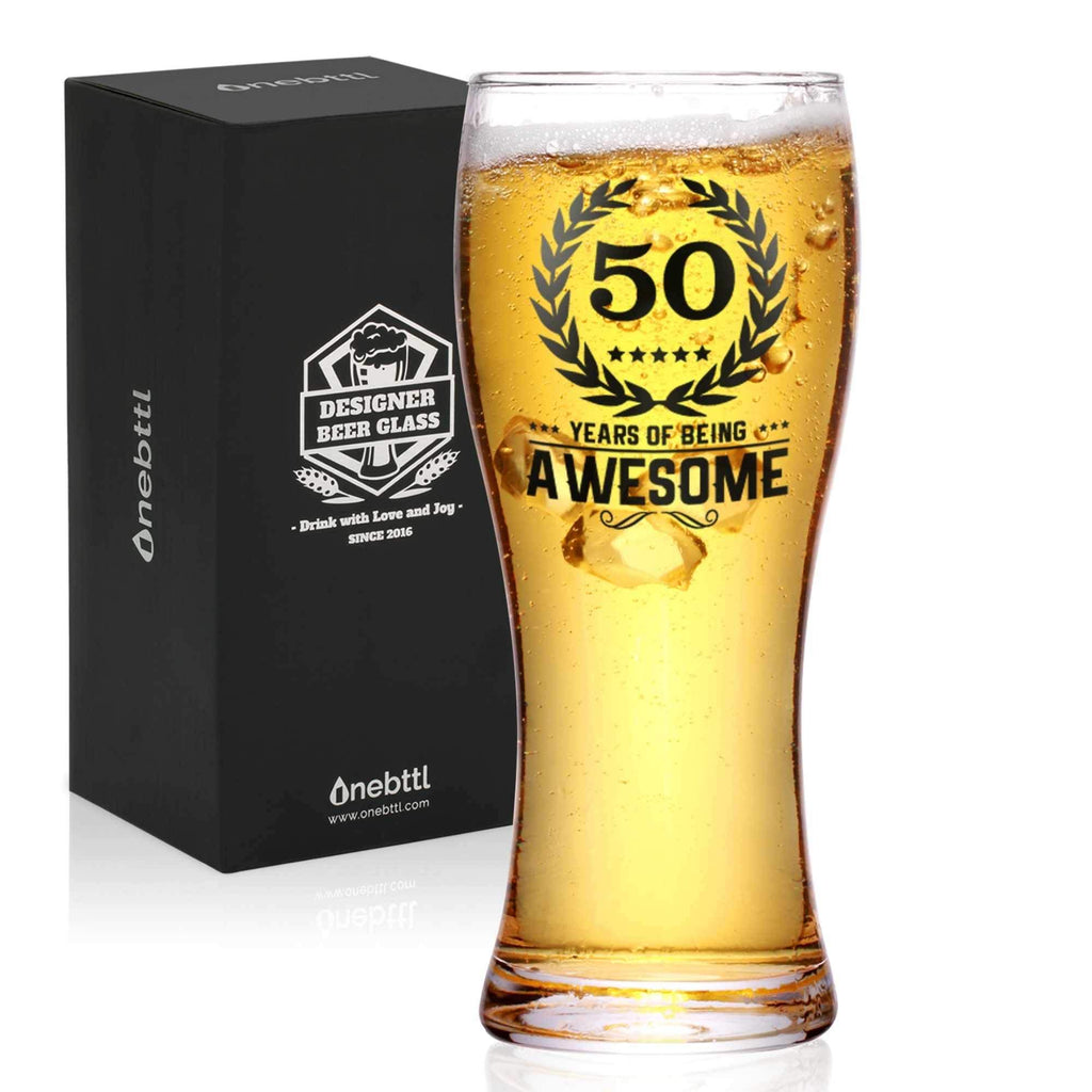 Onebttl 50th Birthday Gifts for Men or Him - 50 Years of Being Awesome - 15oz/450ml Beer Glass - 50 Years Old Birthday Pint Glass Gifts for Dad, Husband or Uncle