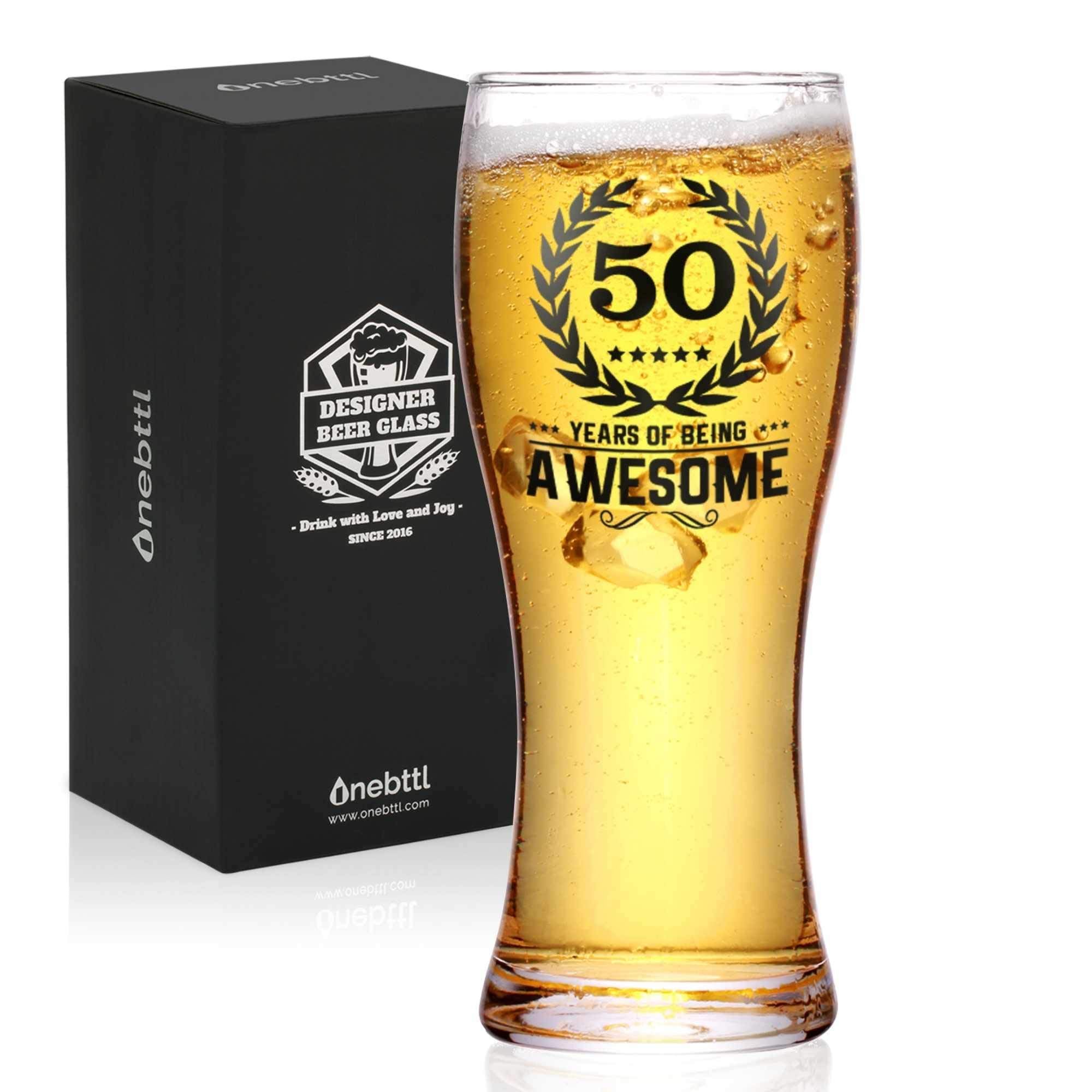 Onebttl 50th Birthday Gifts for Men or Him - 50 Years of Being Awesome - 15oz/450ml Beer Glass - 50 Years Old Birthday Pint Glass Gifts for Dad, Husband or Uncle