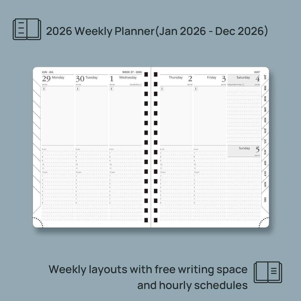 POPRUN 2026 Agenda [Medium-8.5" x 6.25" Wire-Bound Hard Cover] - Daily Weekly and Monthly Planner 2026 with Hourly Schedule, Vertical Weekly Layout, Monthly Tabs - Violet