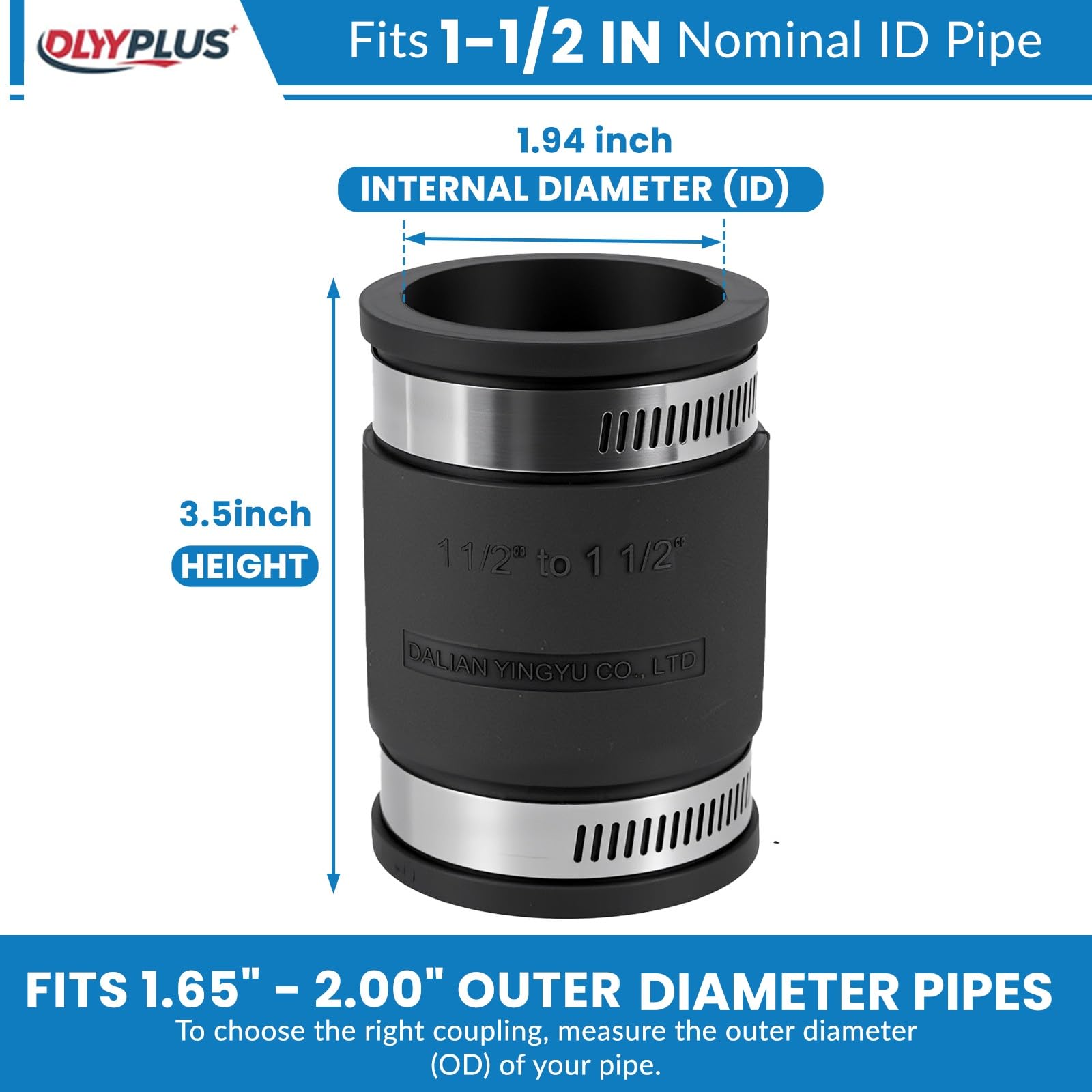 DLYYPLUS 2 Pcs 1-1/2 in Flexible PVC Pipe Coupling with Stainless Steel Clamps Fit 1-1/2 in Nominal Pipes, Couplers for Plastic and Copper Pipe Plumbing Connections, Drain Repair, Dust Hose