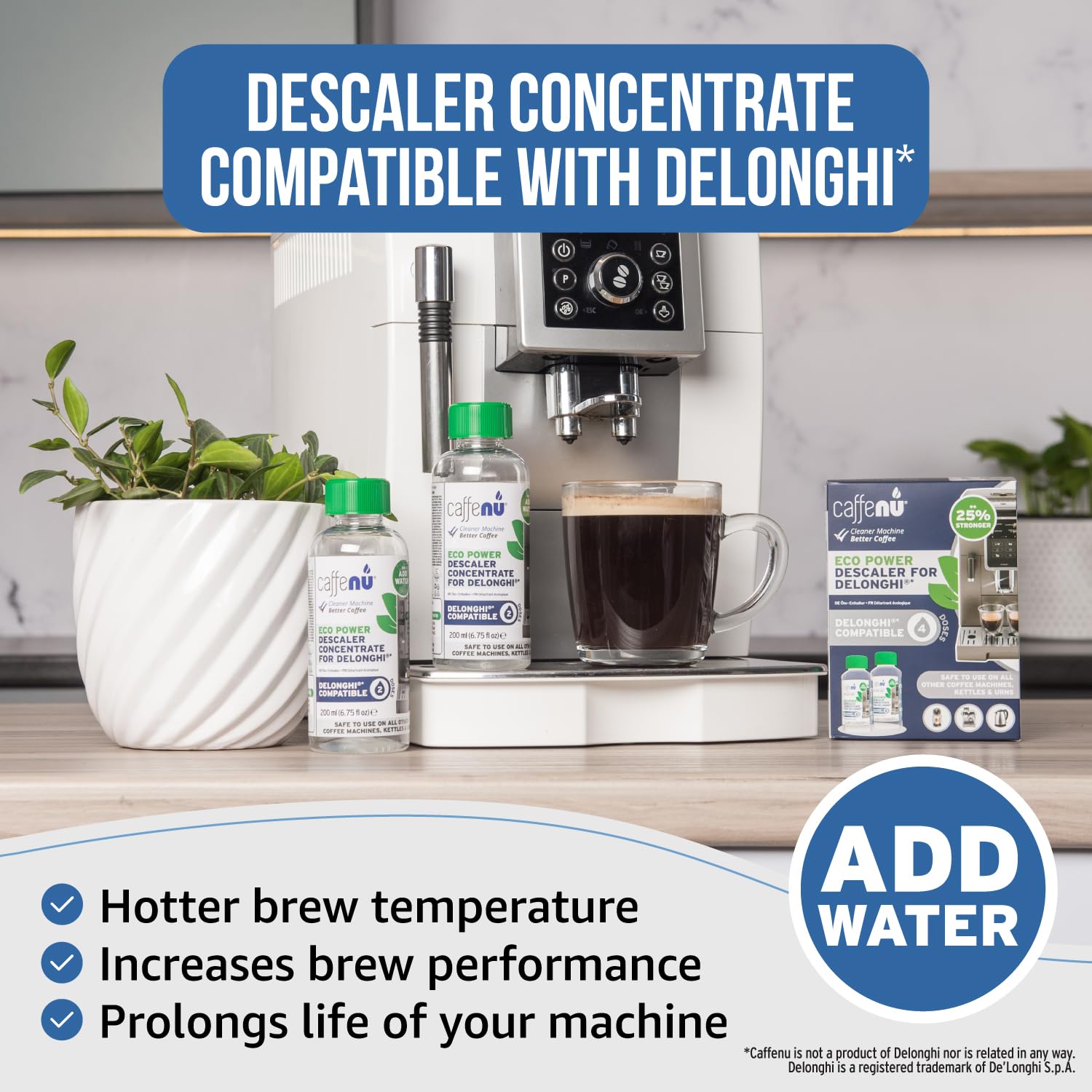 Delonghi Compatible Descaling Solution. 2 Bottles of Descaler Solution. Descaling Kit Removes Limescale For Hotter Coffee. 4 Uses Descaler For Delonghi Coffee Machines.