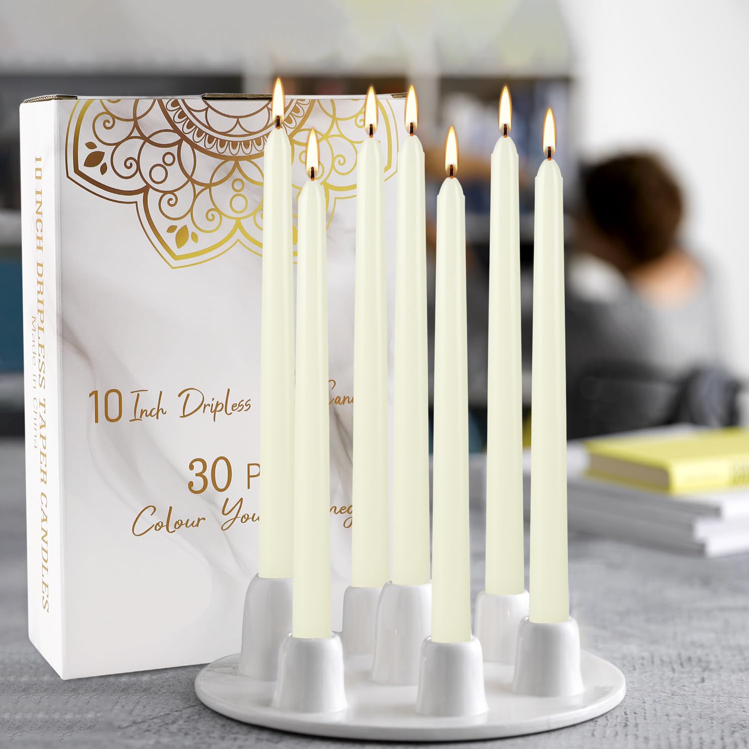 TLNFHRPI 30 Pack of 10-Inch Ivory White Taper Candles - Unscented and Smokeless Long Burning