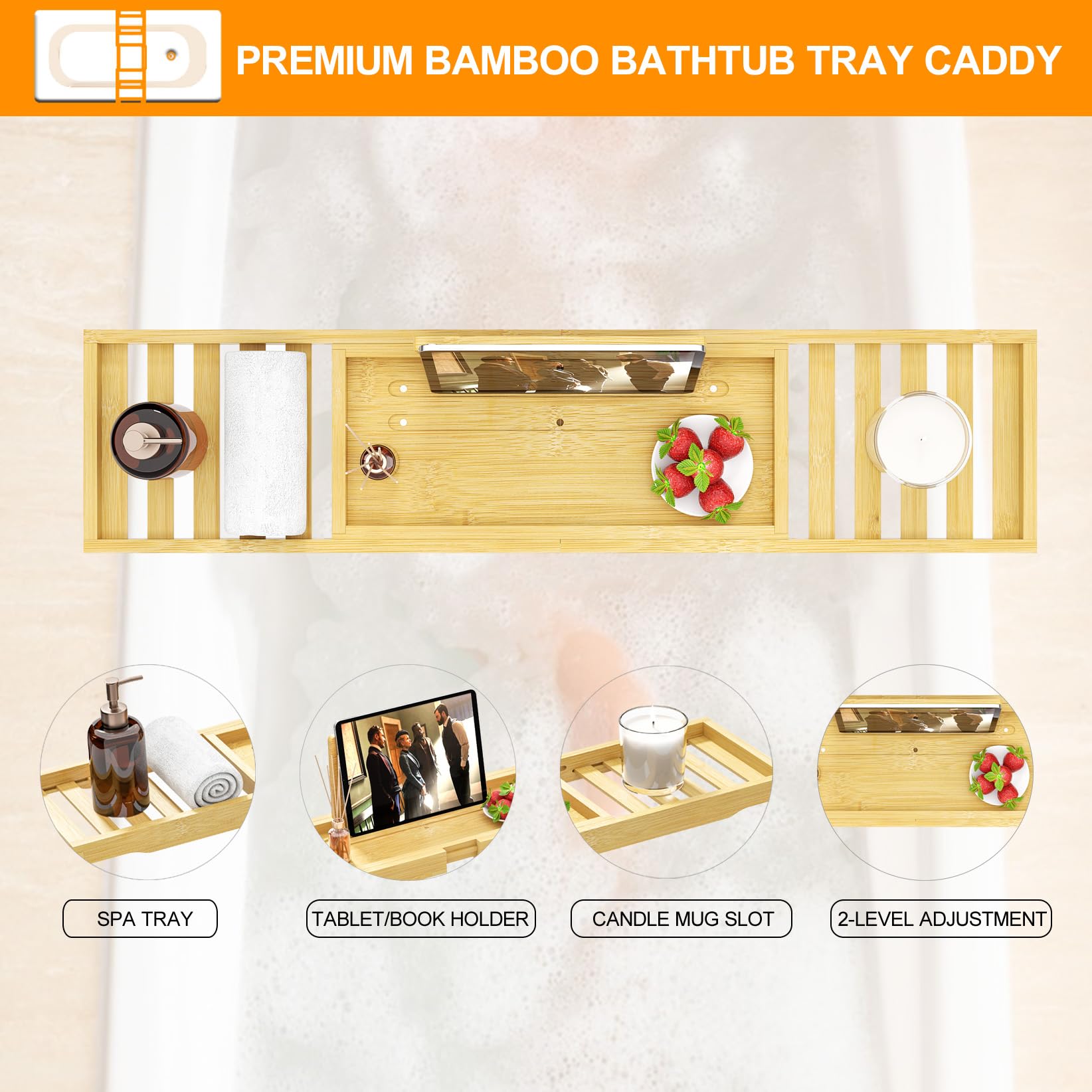 Bathtub Tray Caddy - Bath Tray - Bath Tub Tray Caddy for Bathtub, Expandable Size, Fits Most Bath Tubs