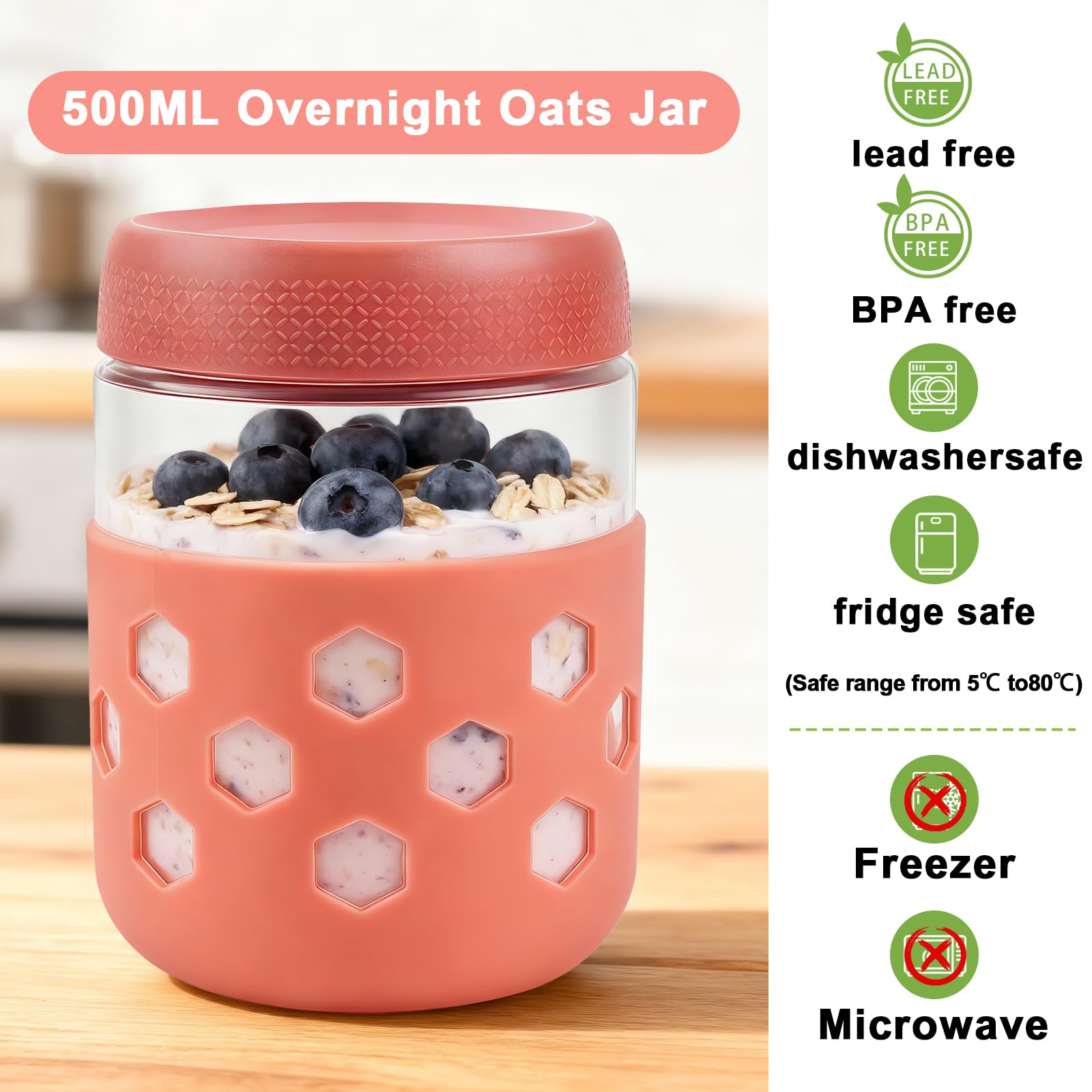 Overnight Oats Jar with Silicone Sleeves,6-Pack 16OZ Glass Jar,Airtight BPA-Free Overnight Oats Containers with Lids, Mason jars Meal Prep Jars for Chia Pudding, Yogurt, Snacks,Leak-Proof(500 ml)
