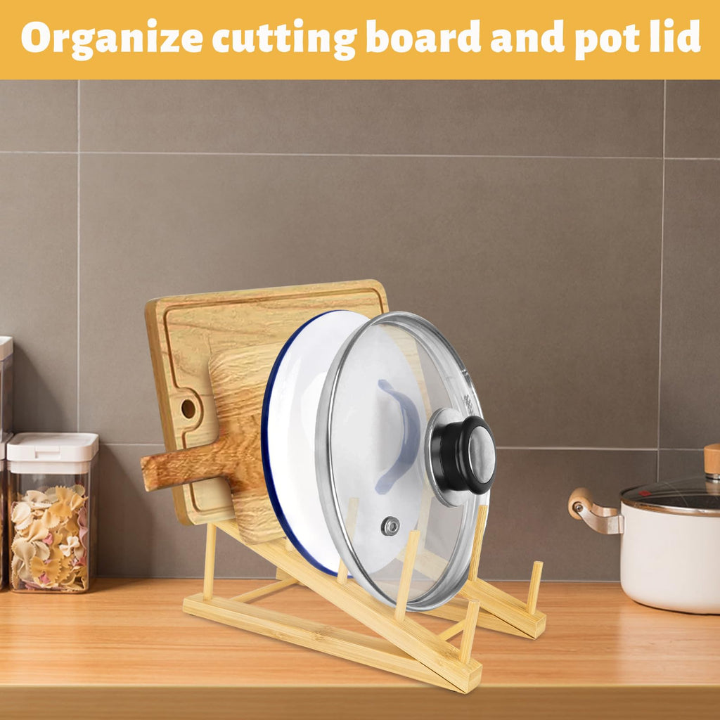 6 PCS Bamboo Dish Drying Rack Wooden Pot Lid Holder, SHAIDOJIO Plate Stand Drainer Kitchen Cabinet Organizer for Dish, Pot Lids, Bowls, Cups, Cutting Boards, Books (5 Slots)