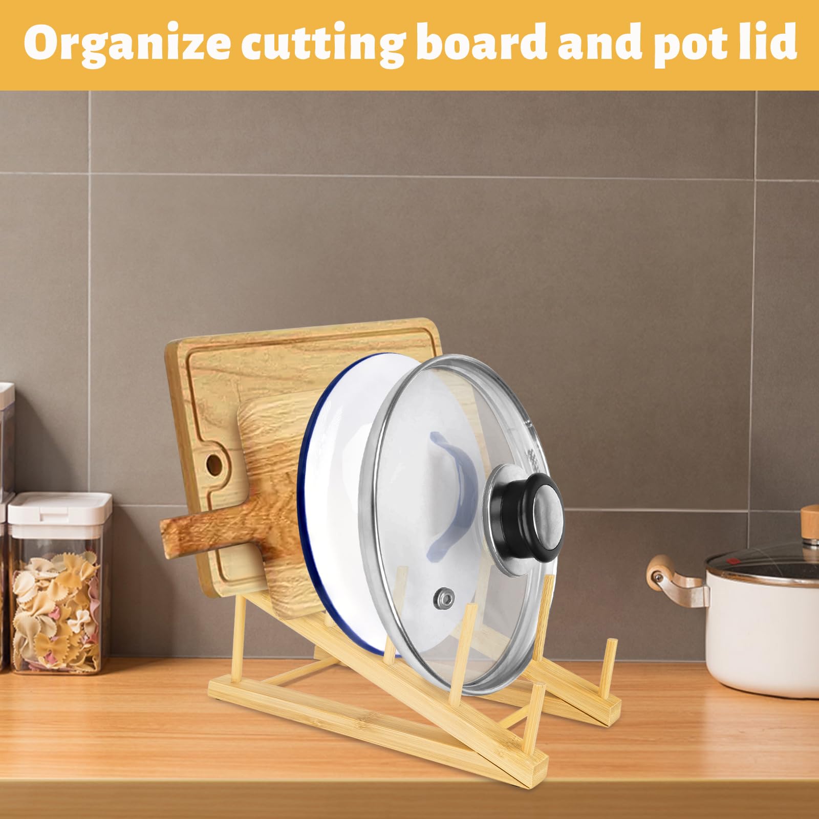 6 PCS Bamboo Dish Drying Rack Wooden Pot Lid Holder, SHAIDOJIO Plate Stand Drainer Kitchen Cabinet Organizer for Dish, Pot Lids, Bowls, Cups, Cutting Boards, Books (5 Slots)