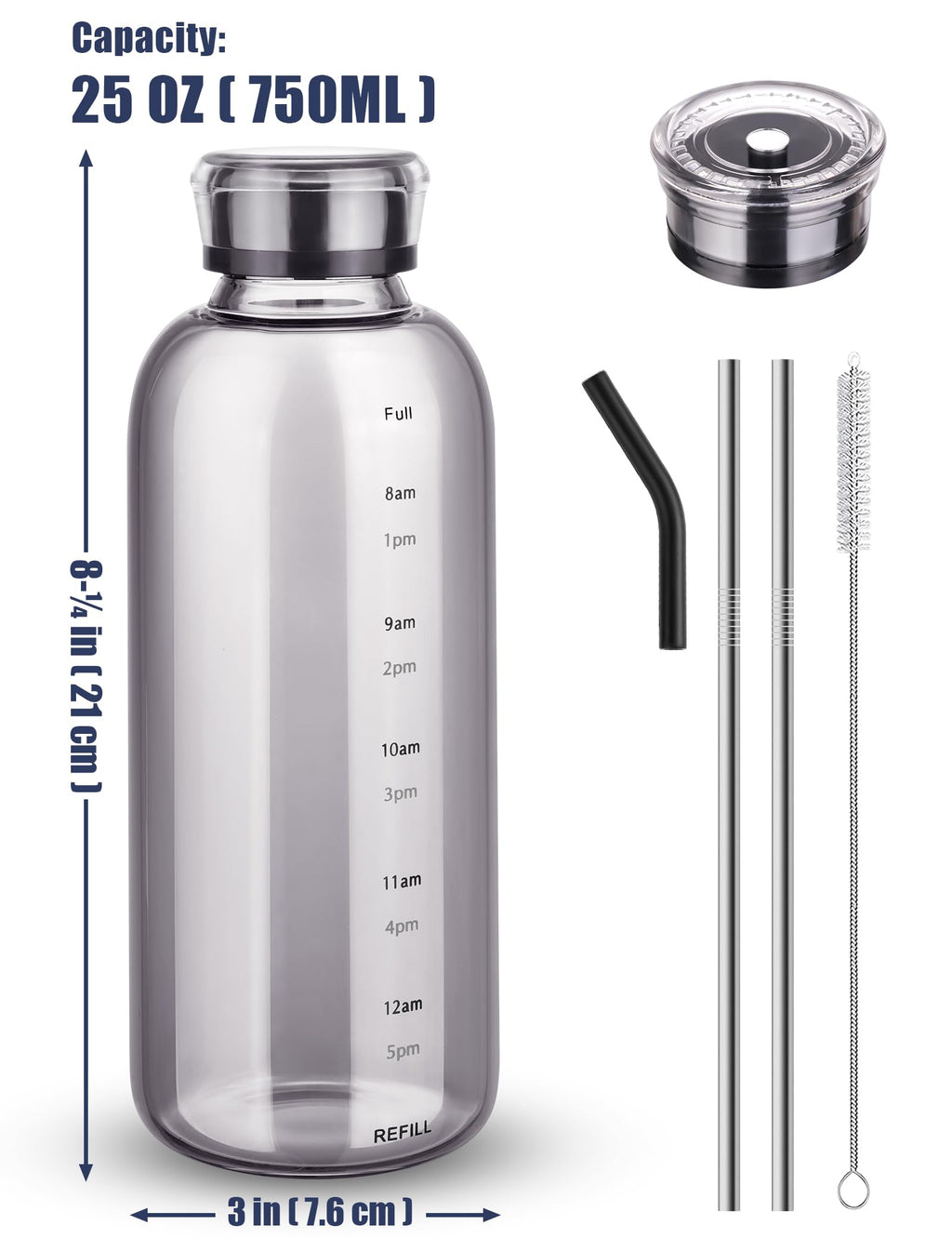 NiHome 750ml Borosilicate Glass Water Bottle with Caps, Stainless Straw, Brush and Silicone Lid, Leak-Proof Travel Bottle