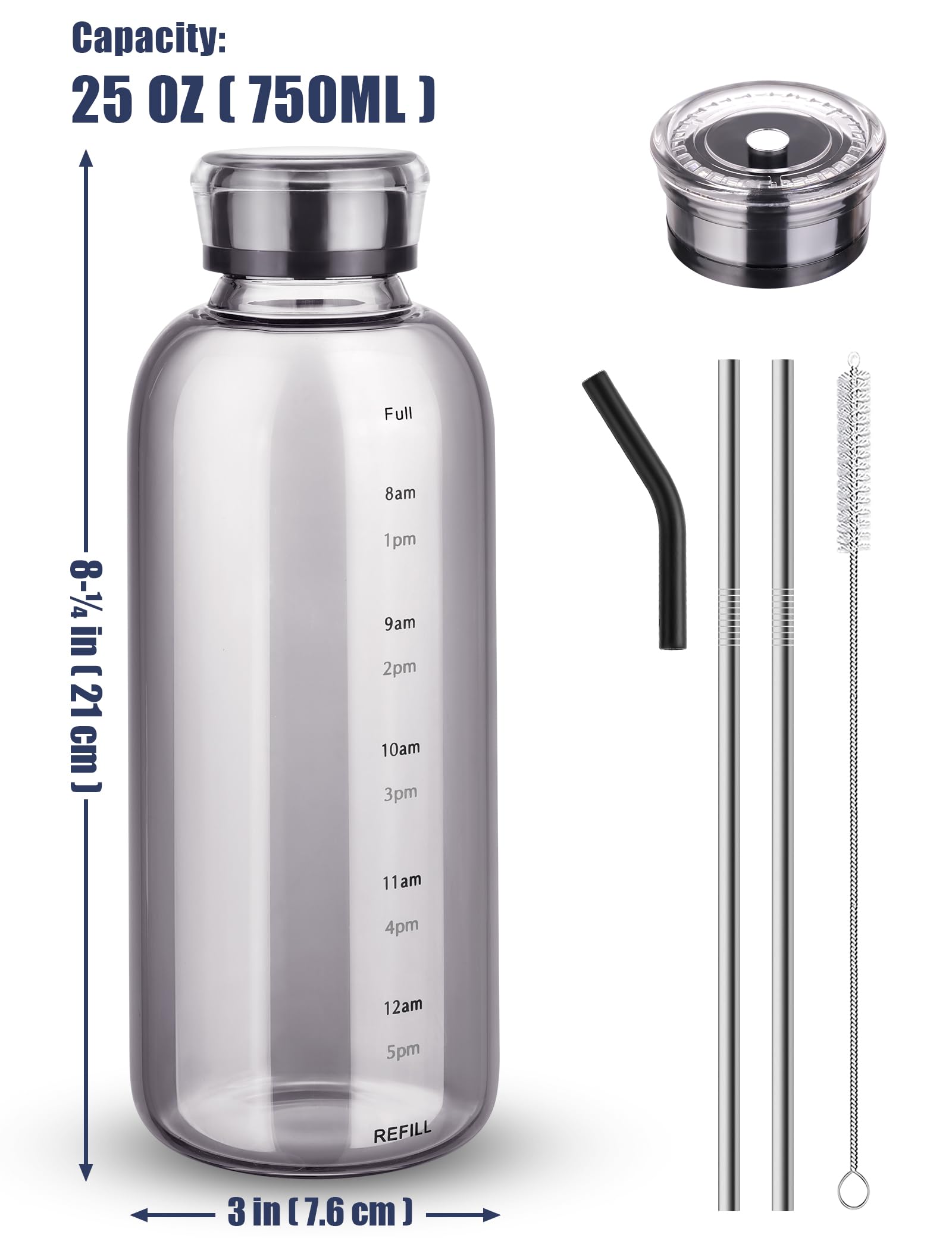 NiHome 750ml Borosilicate Glass Water Bottle with Caps, Stainless Straw, Brush and Silicone Lid, Leak-Proof Travel Bottle