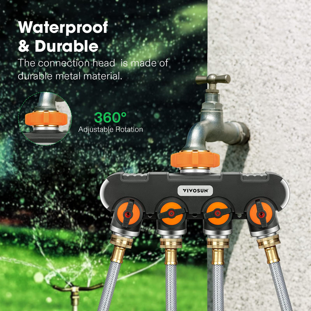 VIVOSUN Garden Hose Splitter 4 Way Heavy Duty Water Hose Connector, Water Hose Manifold, Faucet Adapter with Comfortable Rubberized Grip for Drip Irrigation, Lawns