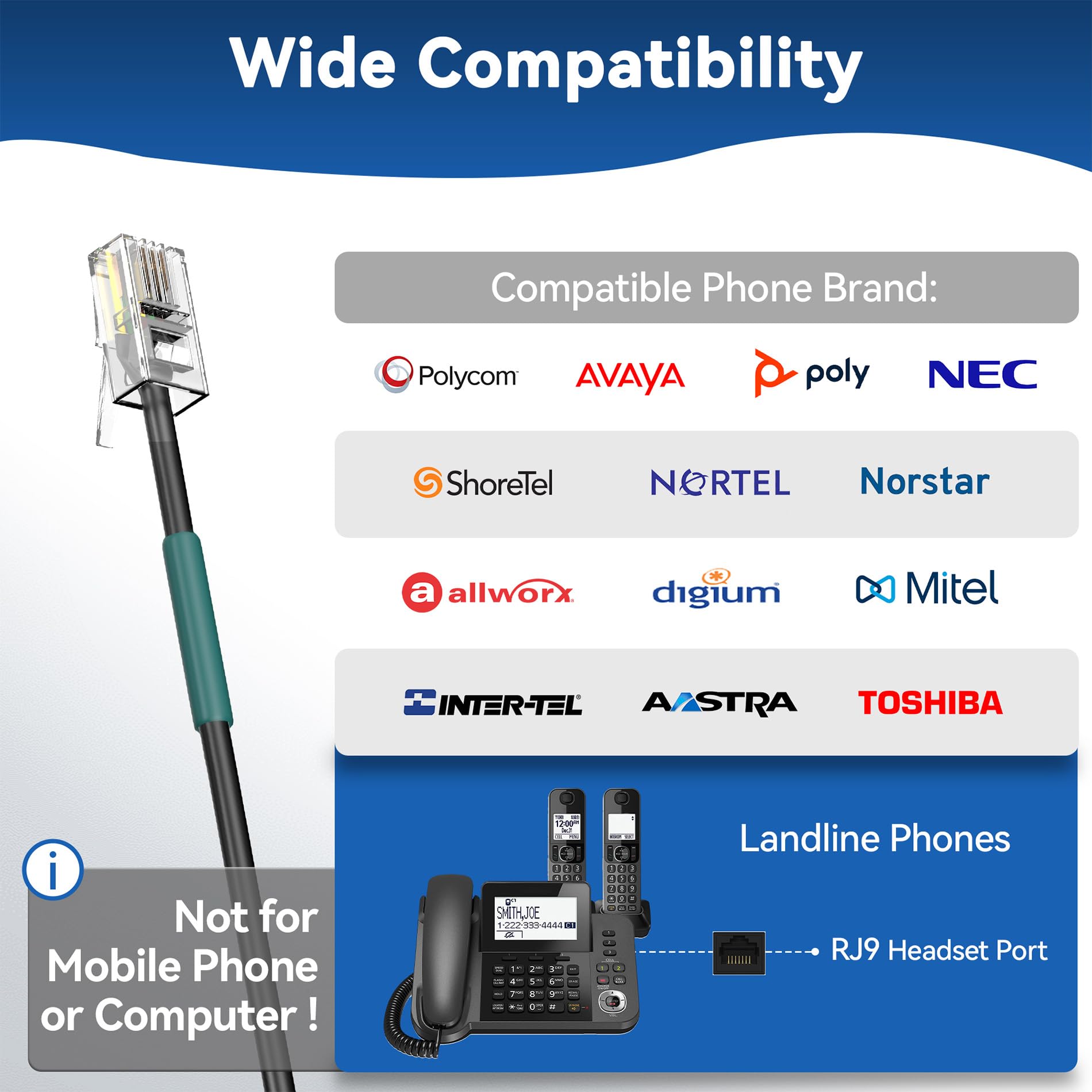 Wantek Corded Telephone Headset Mono w/Noise Canceling Mic for ShoreTel Plantronics Polycom Toshiba NEC Dterm Nortel Norstar Meridian Siemens ROLM Packet8 Landline Deskphones