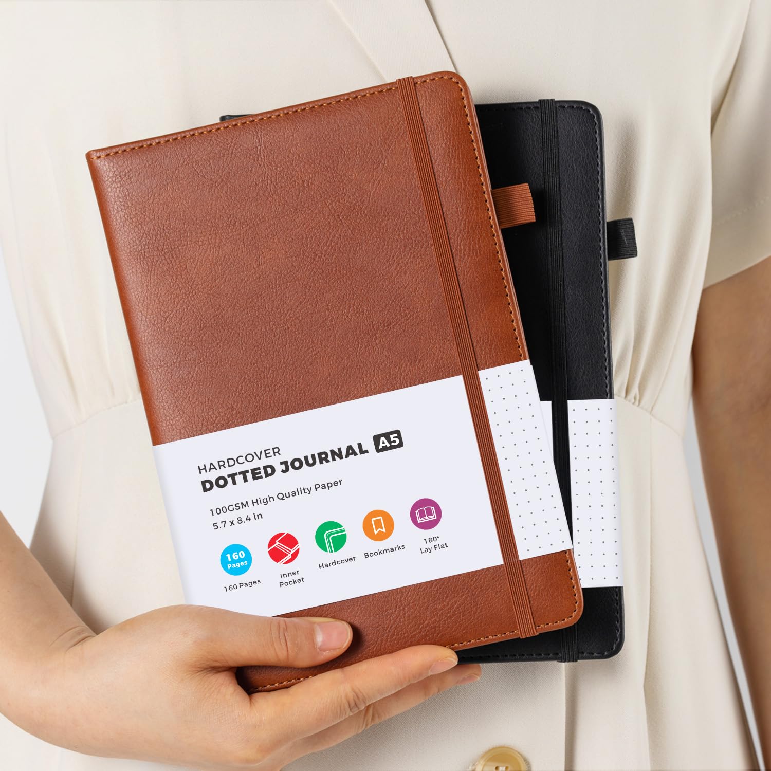 2 Pack Bullet Dotted Journal Notebook, Hardcover Leather A5 Diary Journaling Supplies for Women/ Men Work Writing, 100GSM Thick Paper, Inner Pocket, Brown Black, Office School Supplies, 5.7" x 8.4"