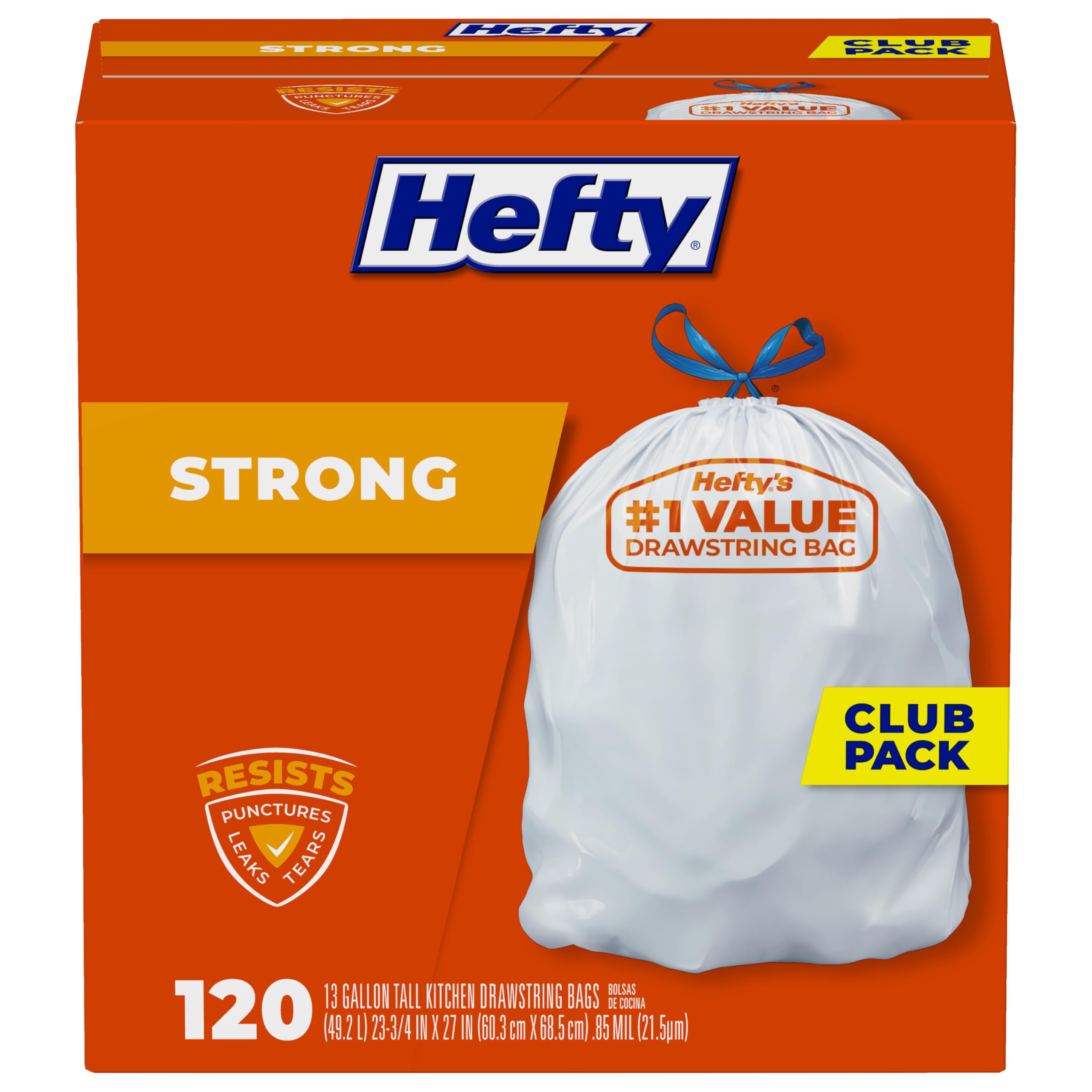 Hefty Strong Tall Kitchen Trash Bags, Unscented, 13 Gallon, 120 Count