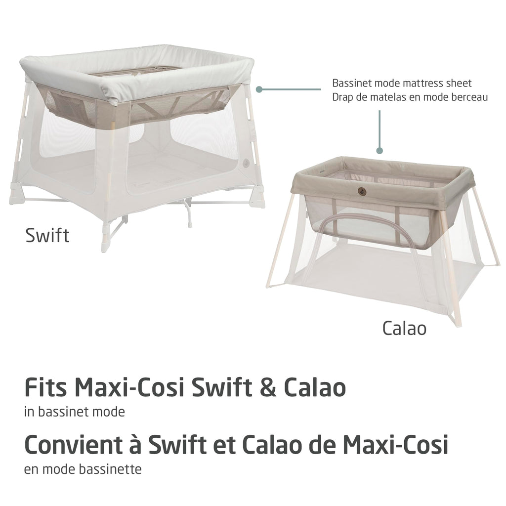Maxi-Cosi Swift/Calao Bassinet Mode Fitted Sheets – 2-Pack, 100% Cotton, Soft and Breathable, Durable, Perfect Fit for Playard Bassinet Mattress, Machine Washable, Baby Bedding Essentials
