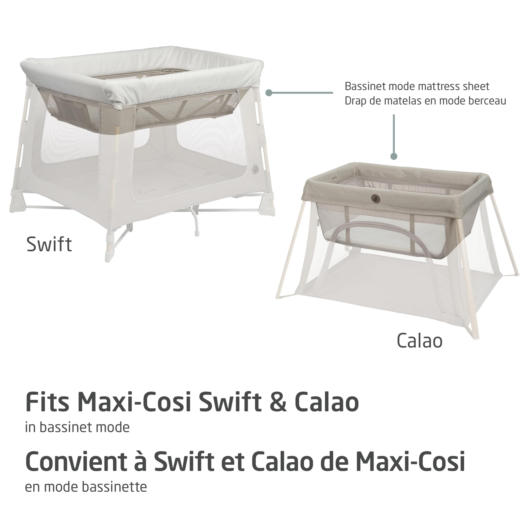 Maxi-Cosi Swift/Calao Bassinet Mode Fitted Sheets – 2-Pack, 100% Cotton, Soft and Breathable, Durable, Perfect Fit for Playard Bassinet Mattress, Machine Washable, Baby Bedding Essentials