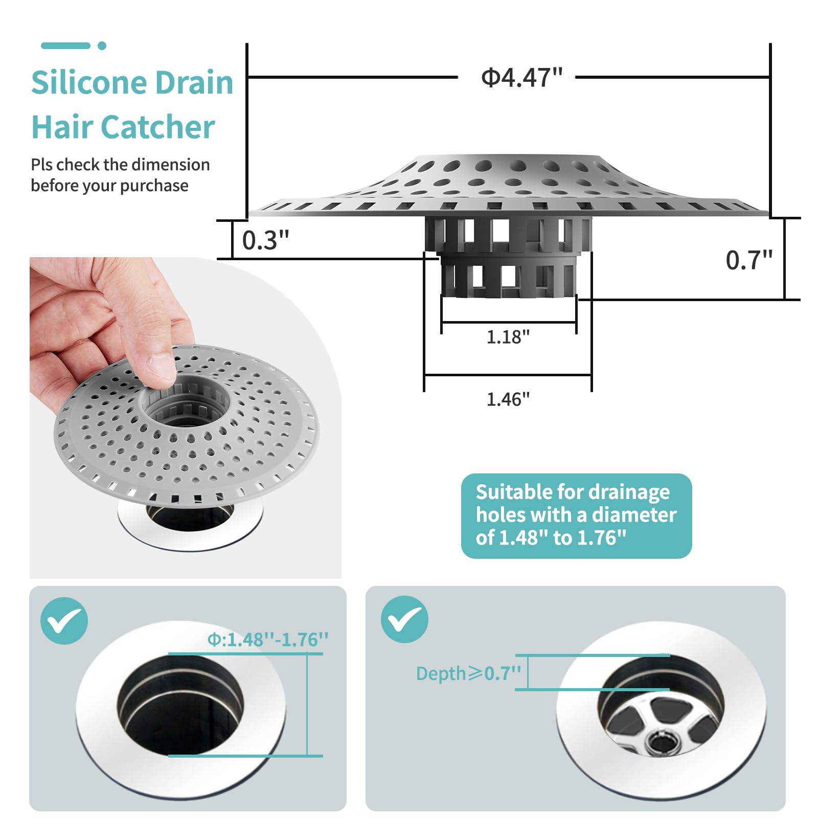 Aluvor Shower Hair Drain Catcher, Silicone Bathtub Drain Hair Catcher Strainer, All-in-one Tub Hair Catcher Drain Protector for 1.48'' to 1.76'' Regular Drains, 3PCS