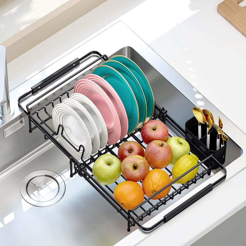 Urackify Expandable Dish Drying Rack Over The Sink, Adjustable Dish Rack in Sink, Rustproof Dish Drainer for Kitchen Counter, Dish Strainer with Utensil Holder