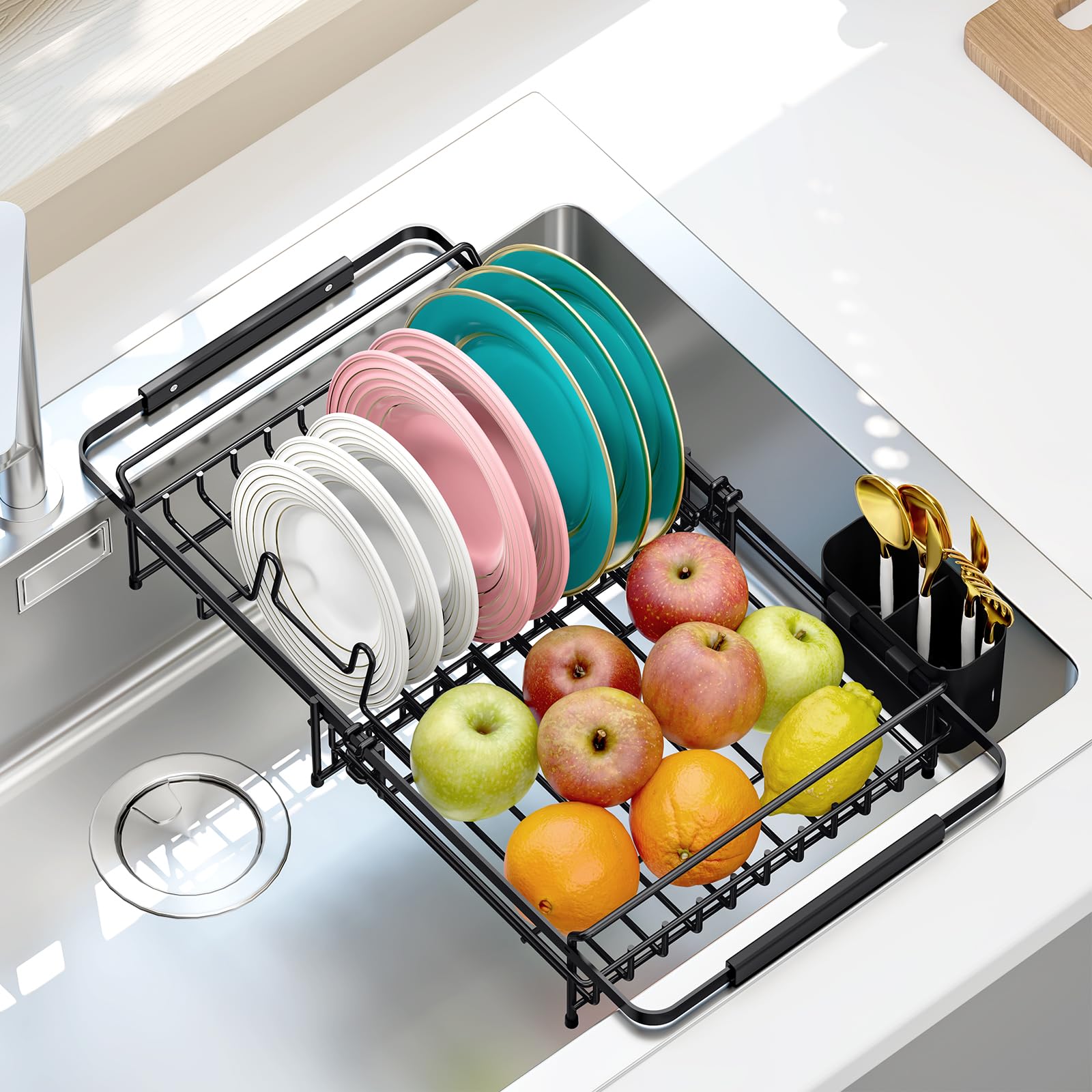 Urackify Expandable Dish Drying Rack Over The Sink, Adjustable Dish Rack in Sink, Rustproof Dish Drainer for Kitchen Counter, Dish Strainer with Utensil Holder