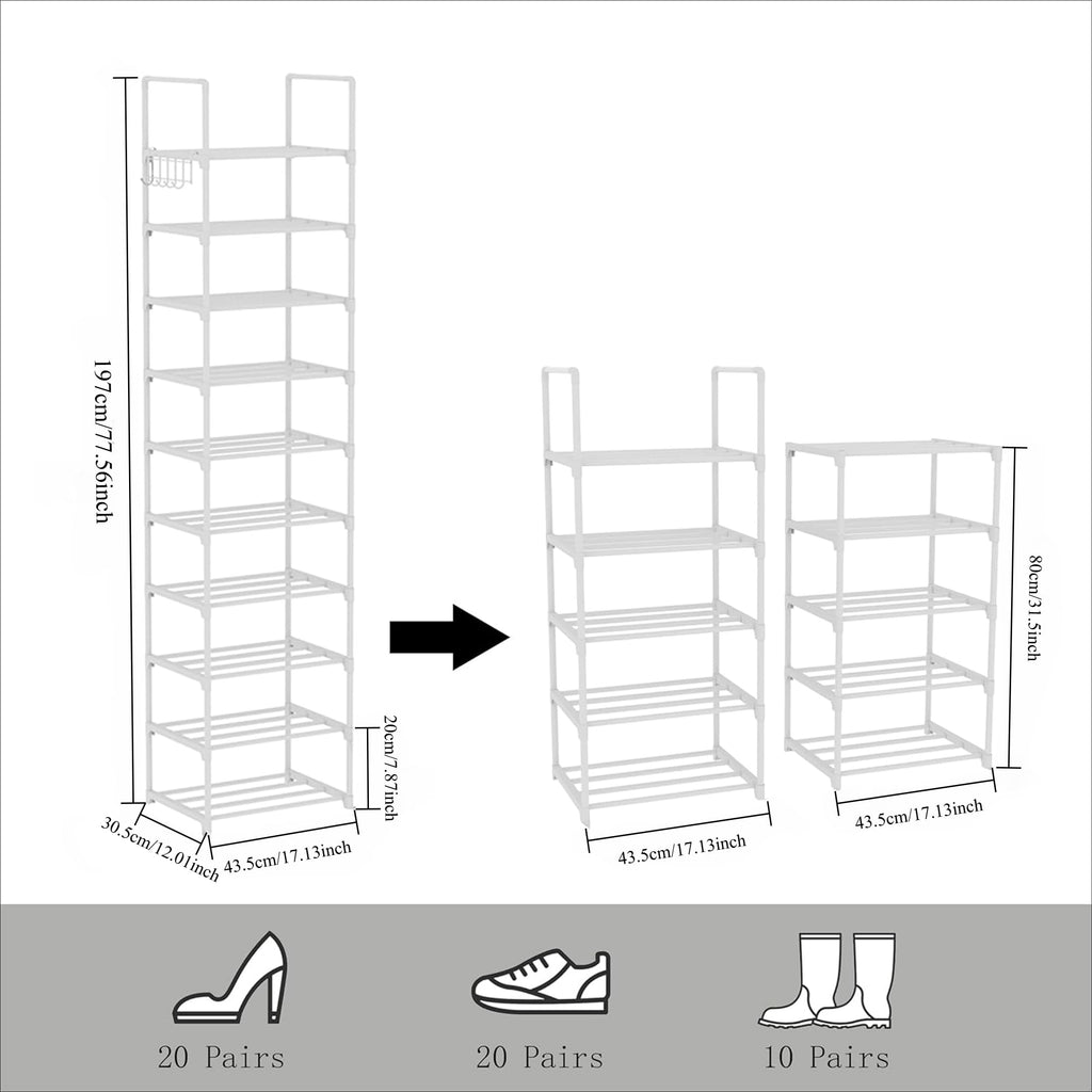 Lxvckly Shoe Rack 10-Tier Metal Narrow Shoe Organizer 20 Pairs Tall Shoe Storage Rack with Hook, Vertical Shoe and Boots Organizer, Shoe Shelf Organizer for Entryway Closet Hallway White
