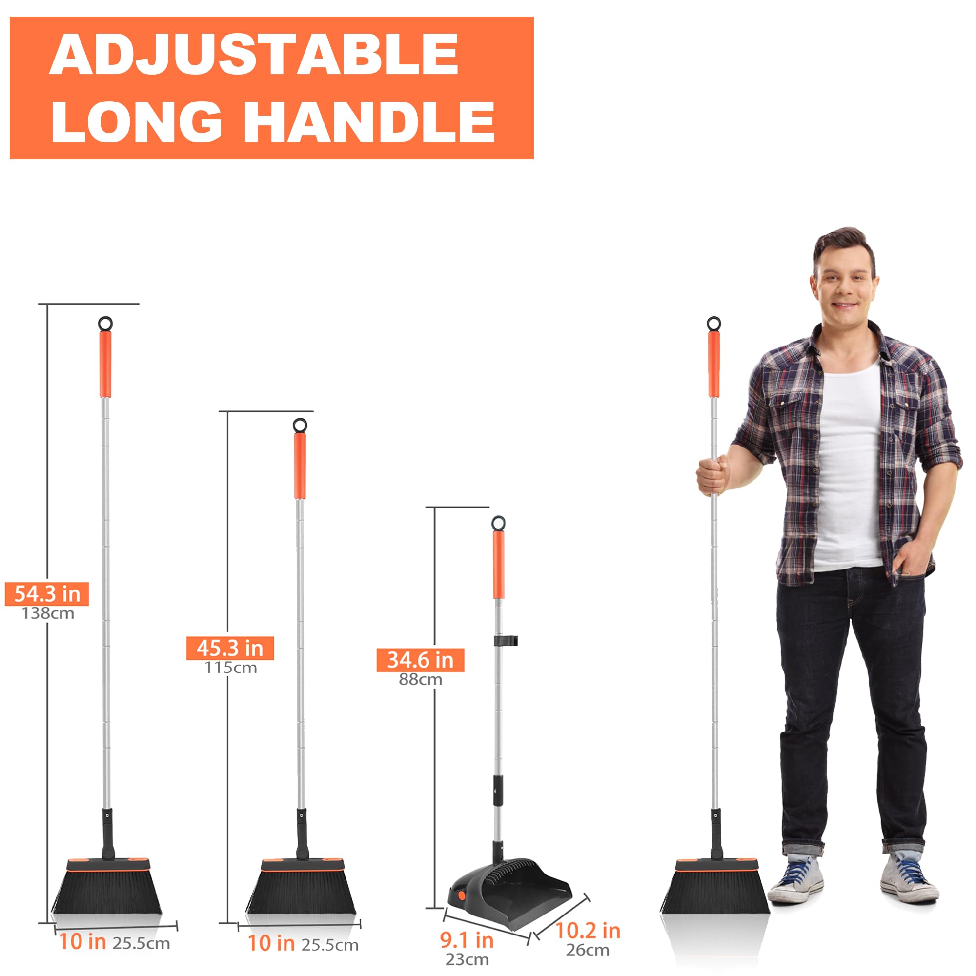 TRENNCHI Broom and Dustpan Set with 54" Long Handle, 180 Degree Rotating Broom and Dust pan with Comb Teeth, Indoor Broom for Home, Kitchen, Lobby, Office Kehrset