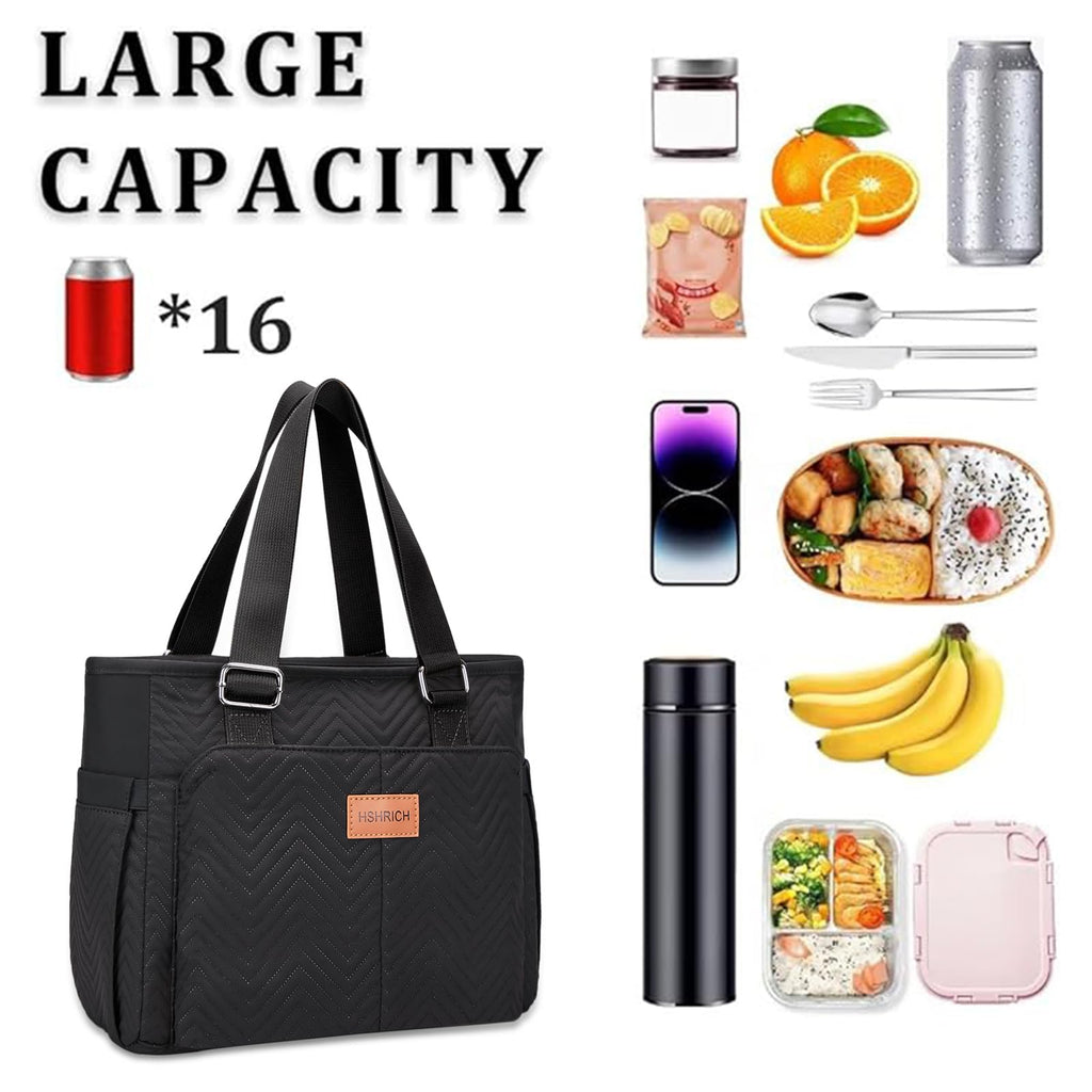 Large Women Lunch Bags for Work/Insulated Adult Lunch Box for Women/Leakproof Cooler Lunch Tote Bag with Storage Pocket. Reusable Lunch Cooler Purse for Work Picnic Hiking 12L, Black