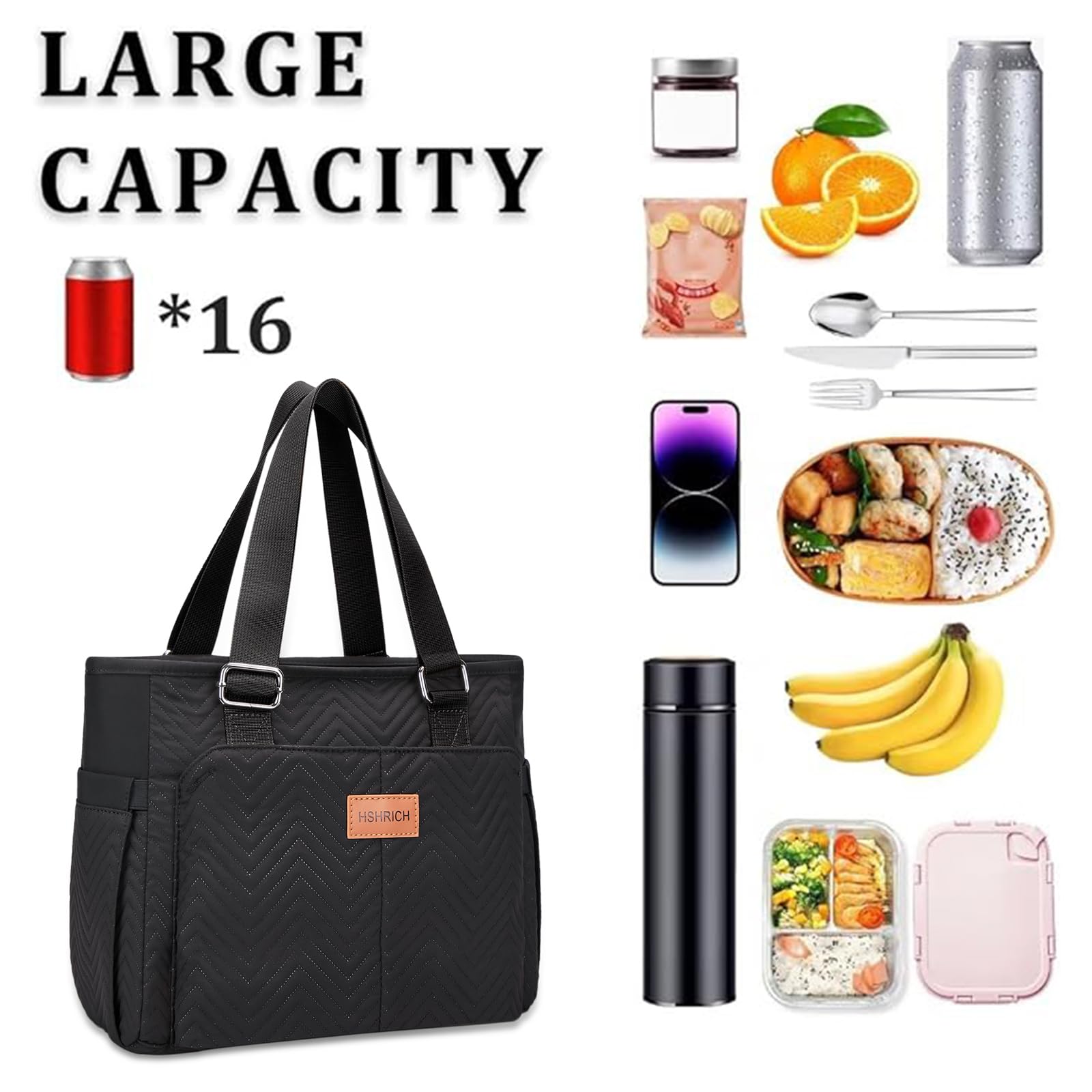 Large Women Lunch Bags for Work/Insulated Adult Lunch Box for Women/Leakproof Cooler Lunch Tote Bag with Storage Pocket. Reusable Lunch Cooler Purse for Work Picnic Hiking 12L, Black