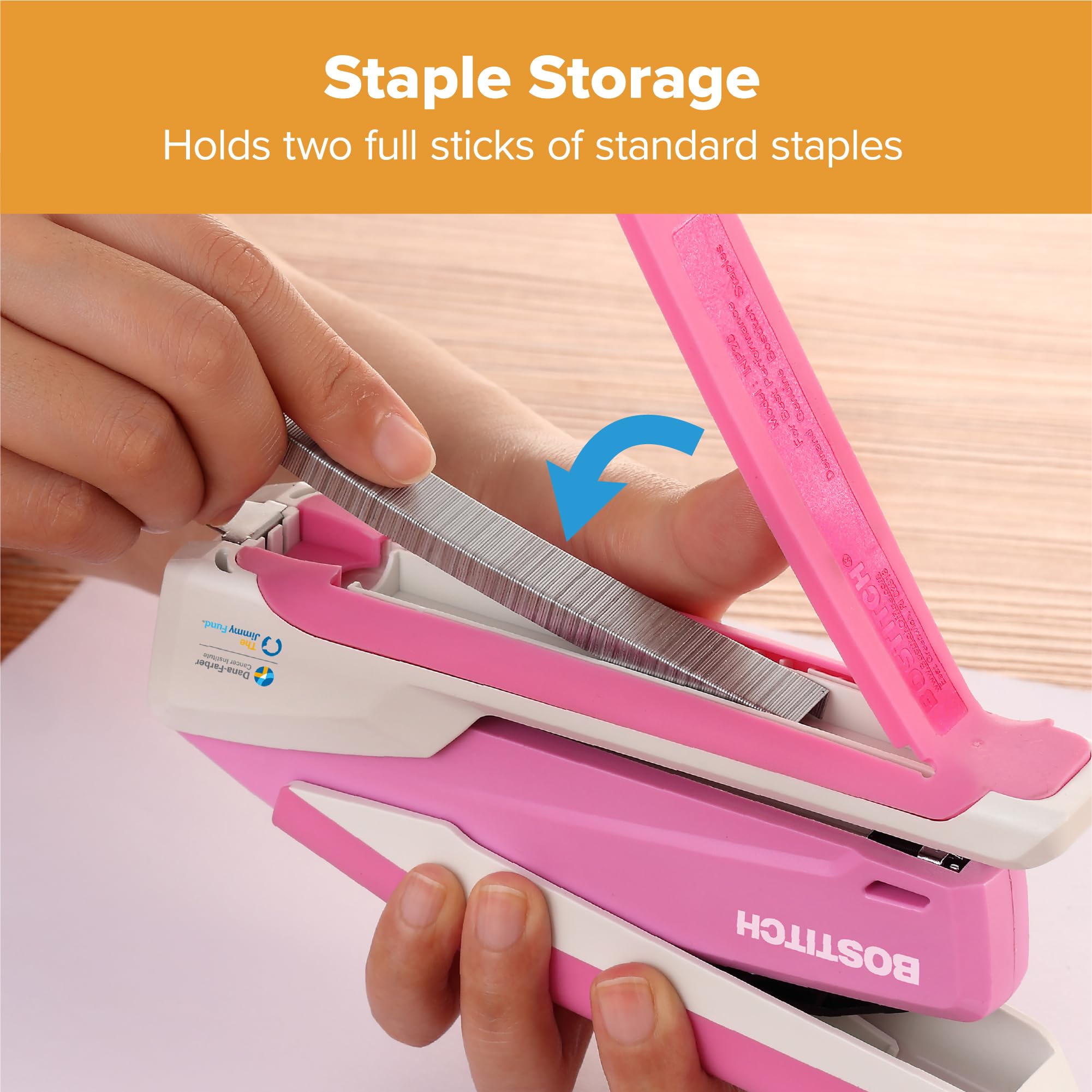 PaperPro inPOWER20 - 3 in 1 Stapler - One Finger, No Effort, Spring Powered Stapler, Breast Cancer Awareness Pink (1188)