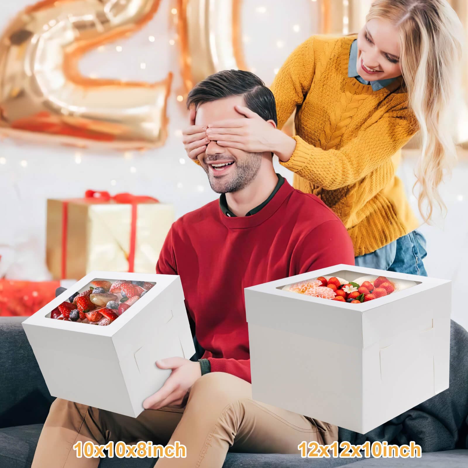 10 Pcs 12x12x10 10x10x8 Cake Boxes Set (5 Boxes & 5 Boards) with Windows Large in 2 Sizes Tall Bakery Boxes Disposable Carrier Take Out Container, Boxes in 2 Tier for Valentine's Day