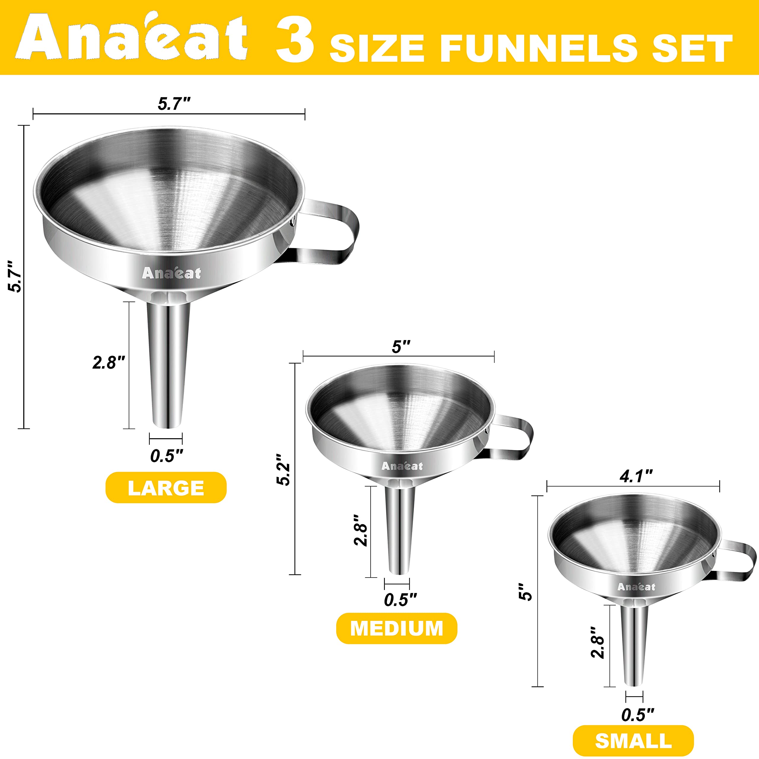 Anaeat 3 Pack Stainless Steel Kitchen Funnel Set, Multi-Use Premium Metal Food-Grade Cooking Funnels with 2 Removable Strainer Filter for Liquid or Dry Ingredients, Oils, Spices & Cleaning Brush