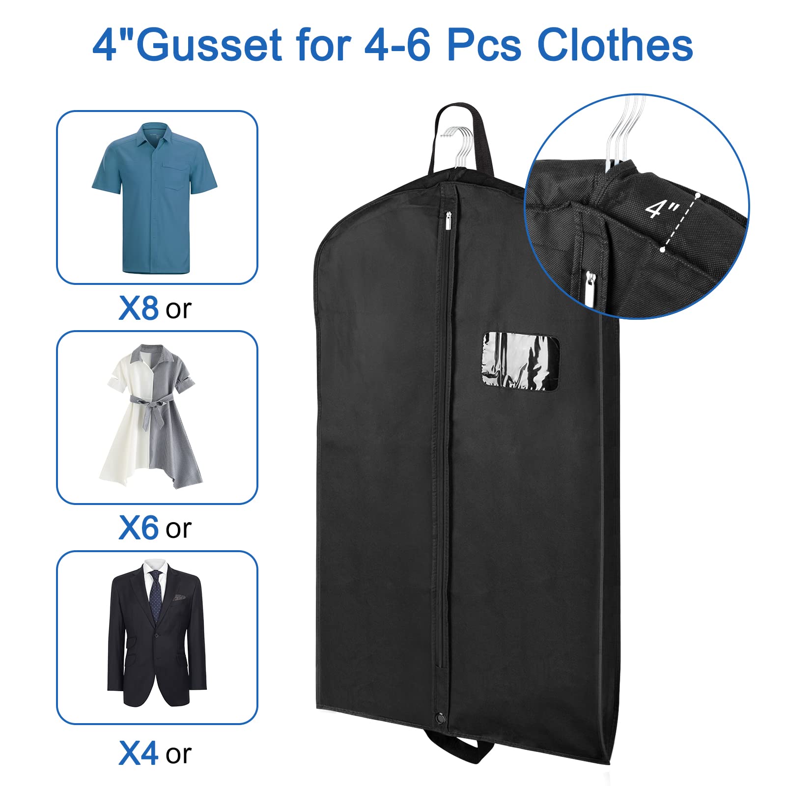 Garment Bags for Travel 43" 2 Pack, Hoprfire Suit Garment Covers with 4" Gussetes for Closet Storage for Men Breathable Foldable Hanging Bags Waterproof for Suit, Clothes, Custom, Tuxedo, Shirts, Coat
