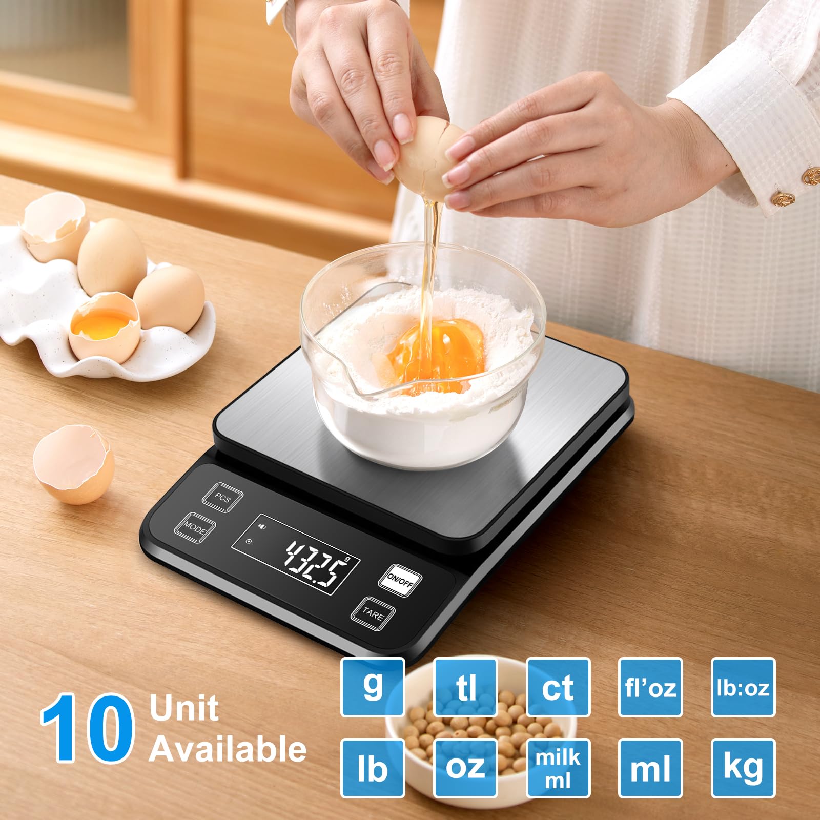 Waterproof Food Scale Rechargeable, [0.1g-10kg/22lb] Diyife Plug in Kitchen Scale with Adjustable LCD Display, 10 Units, Tare, PCS Counting, Auto Off, 304 Stainless Steel, Wall Mount for Cooking