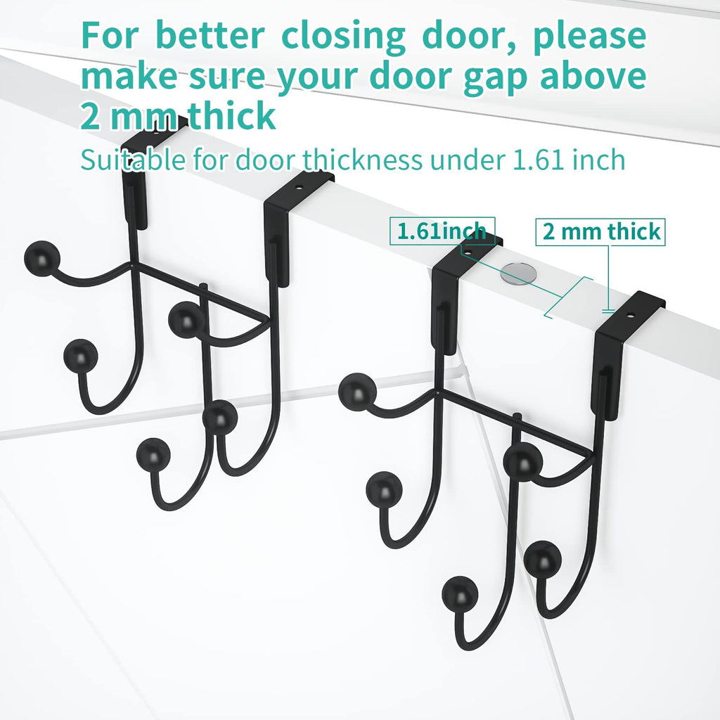 HapiRm Over Door Hooks with 5 Coat Hooks, Stainless Steel Bedroom Hanger 2 Pack with Scratch Proof Pad, Hook for Hanging Coats Towel Hat Bag, Back of Door Hook Black for Bath