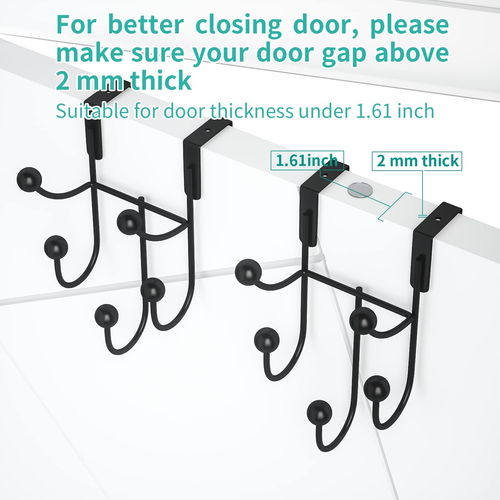 HapiRm Over Door Hooks with 5 Coat Hooks, Stainless Steel Bedroom Hanger 2 Pack with Scratch Proof Pad, Hook for Hanging Coats Towel Hat Bag, Back of Door Hook Black for Bath