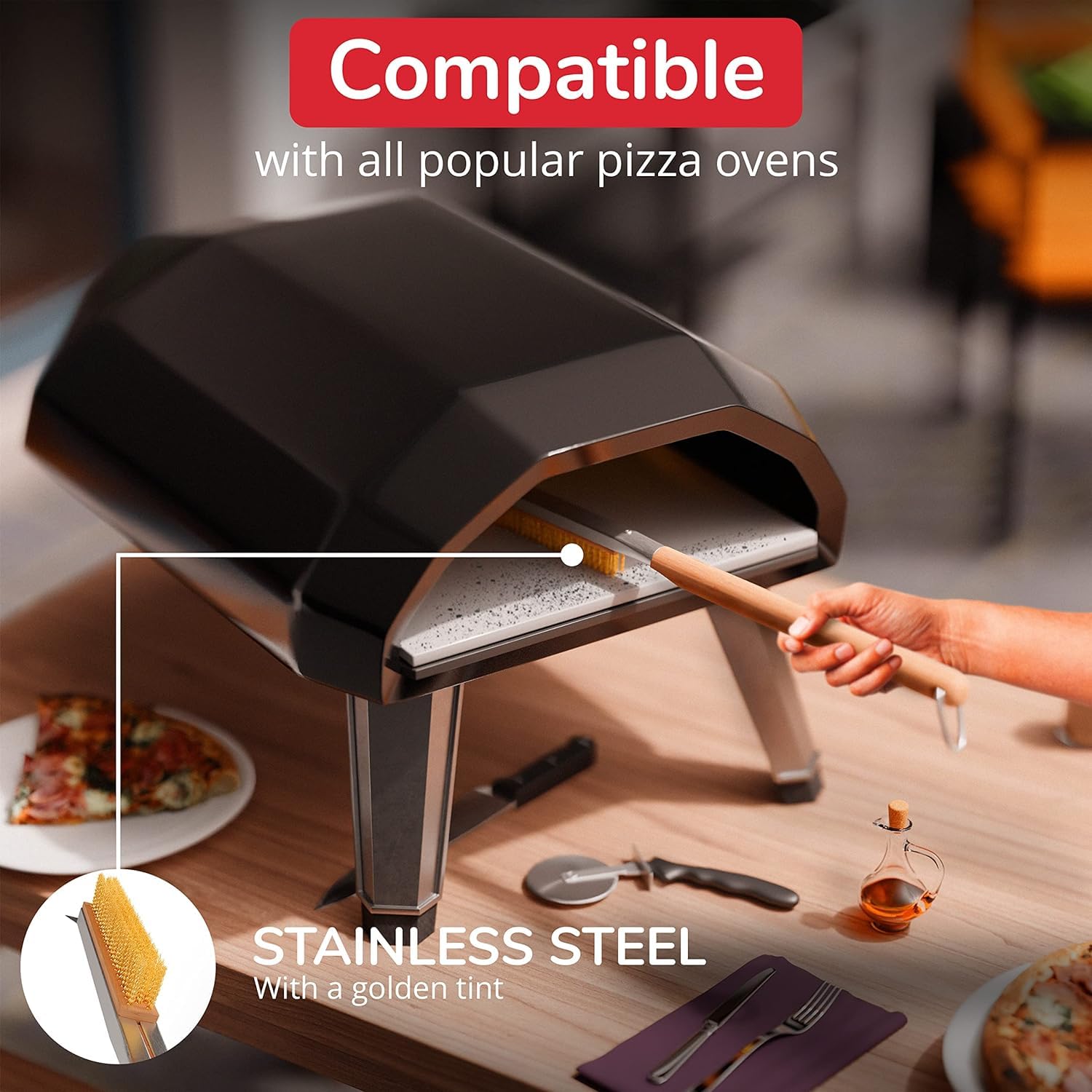 22” Pizza Oven Brush with Stone Scraper - Stainless Steel Bristles, Extra Long Handle, Heat-Resistant - Compatible with Ooni Ovens