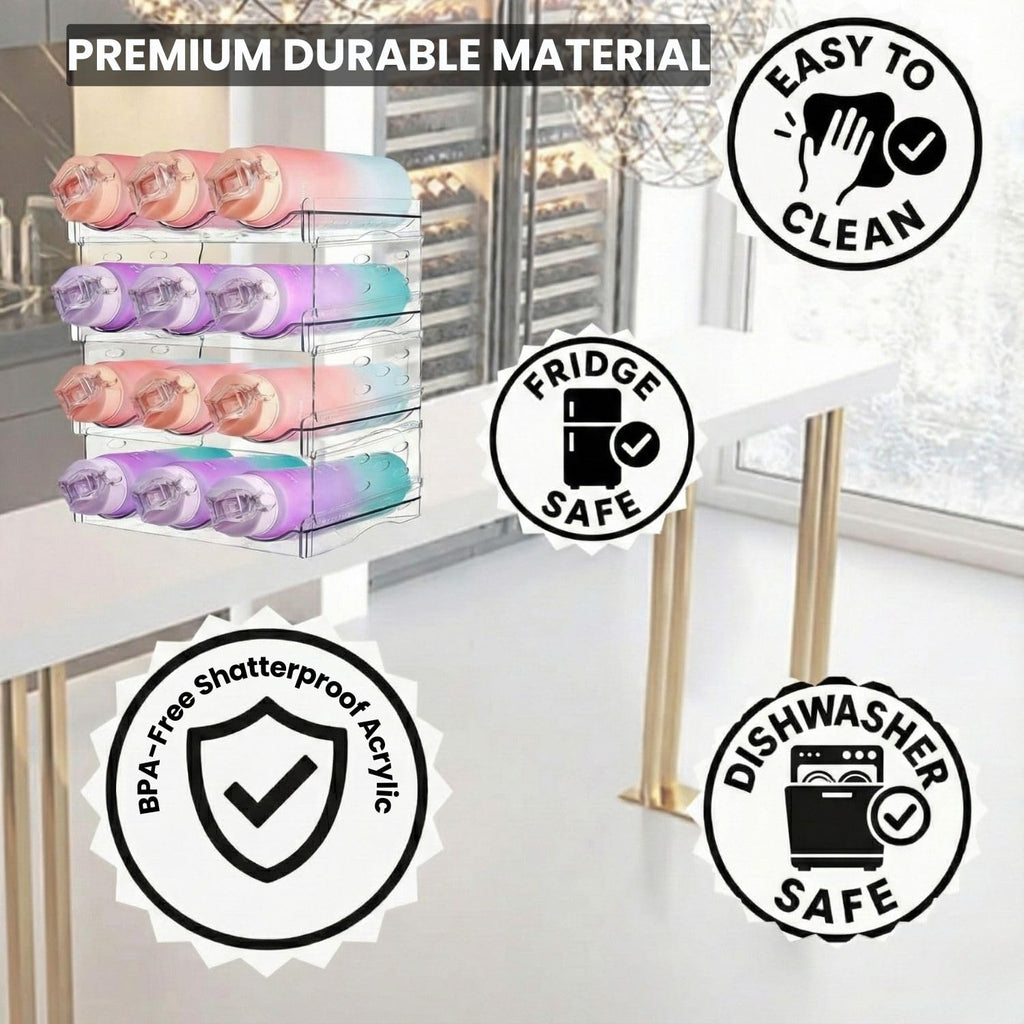 Water Bottle Organizer for Fridge –Versatile Stackable Water Bottle Holder & Storage Rack for Pantry, Cabinet, Counter or Water Bottle Organizer for Kitchen & RV Includes Two Cleaning Towels
