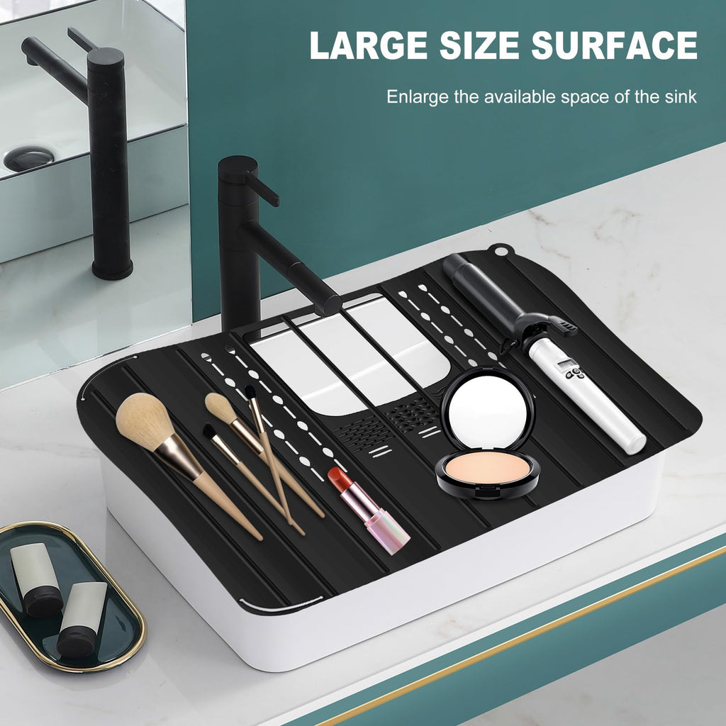 57×42cm Bathroom Sink Cover for Counter Space, Heat Resistant Silicone Sink Top Mat, Foldable Sink Top Cover Multifunctional Sink Makeup Mats for Cosmetics, Skincare Products, Hair Dryer (black)
