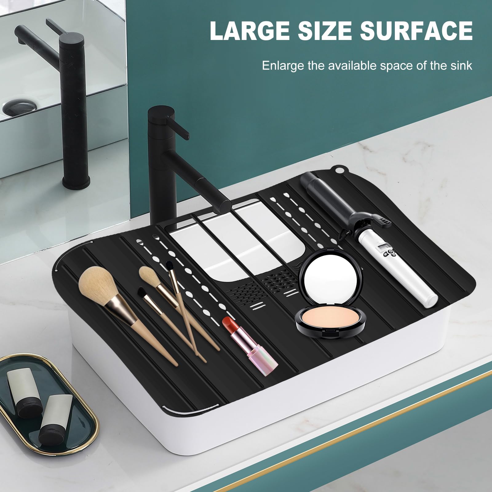 57×42cm Bathroom Sink Cover for Counter Space, Heat Resistant Silicone Sink Top Mat, Foldable Sink Top Cover Multifunctional Sink Makeup Mats for Cosmetics, Skincare Products, Hair Dryer (black)