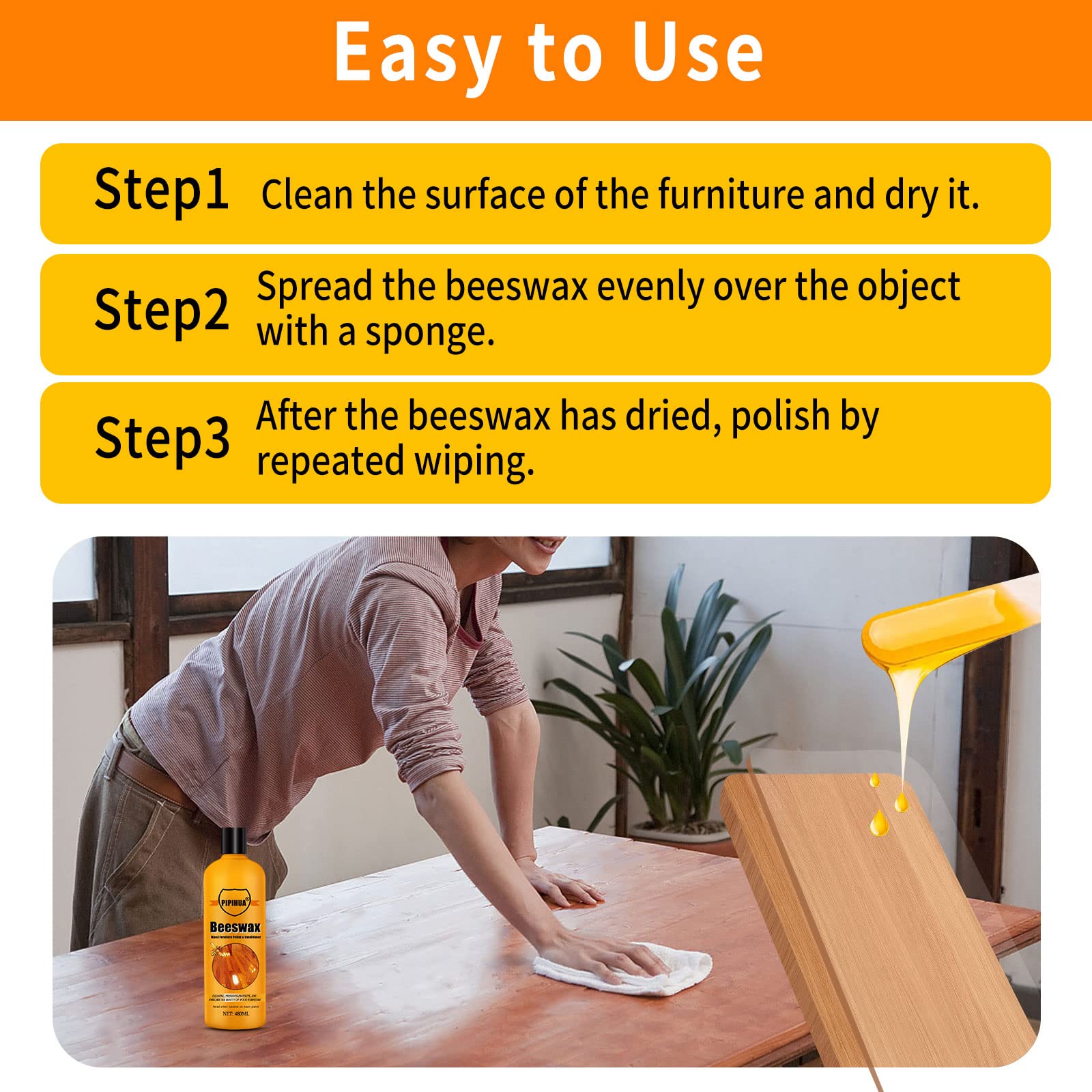 PIPIHUA Beeswax Furniture Polish Wood, Natural Wood Oil Colourless for Furniture Care & Protection for Interior and Exterior 480ml