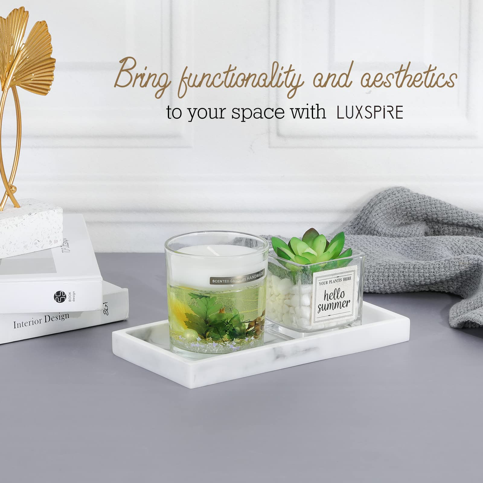 Luxspire Bathroom Vanity Tray, 8 x 4 inch Resin Dresser Jewelry Ring Dish Tank Storage Kitchen Sink Countertop Organizer Plate Holder for Perfume Soap Towel Bathroom Accessories, Mini, White Marble