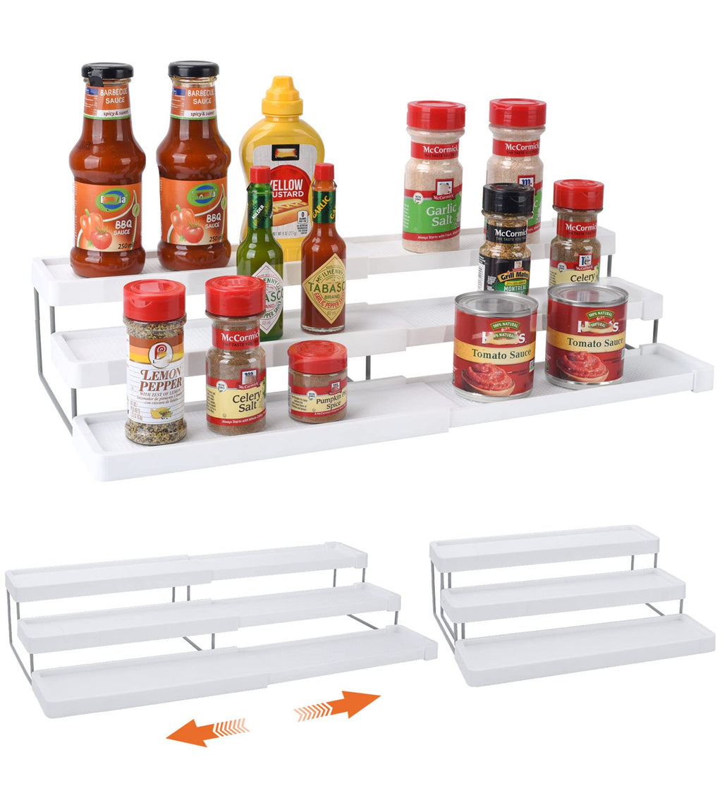 sunal Expandable Spice Rack with 3 Levels, Space-Saving Spice Rack Organisation for Kitchen Cabinets, Pantry or Worktops, Easy Visibility of the Spice Containers, White