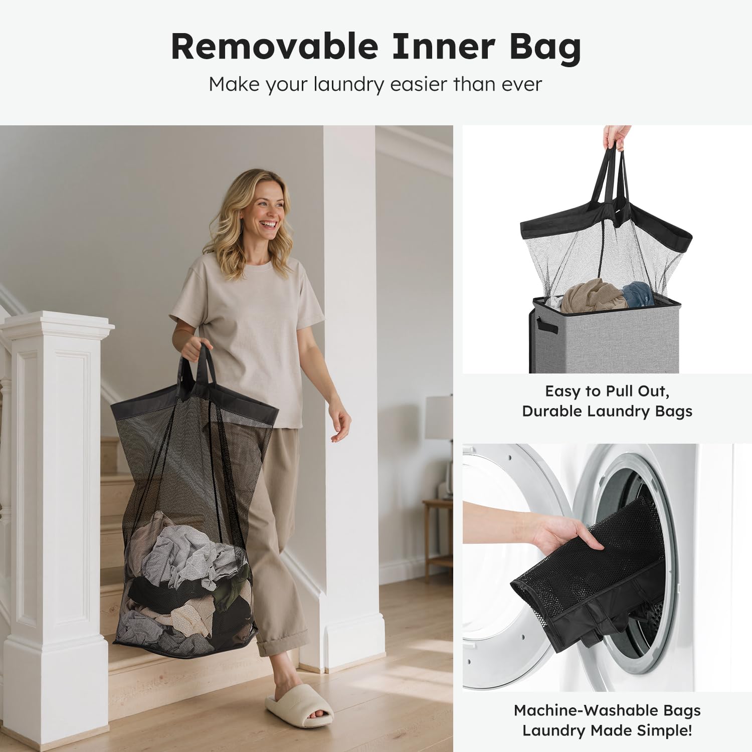 SOLEDI 100L Laundry Basket with Lid Large Laundry Hamper, Clothes Hamper with Laundry Bag Easy to Carry, Collapsible Storage Bins for Bedroom, Bathroom, Dorm, Apartment, College, Wardrobe, Grey