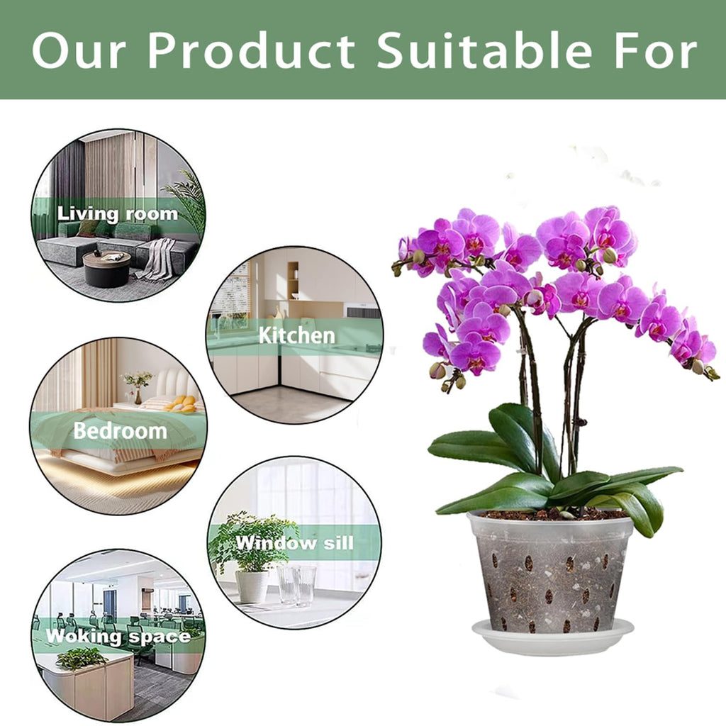 8pcs Orchid Pots with Saucers and Plant Stakes Set, 4" 5" 5.6" 6" Multi-Size, Clear Orchid Pot with Holes and Plant Support, Clear Plastic Breathable Orchid pots for Repotting