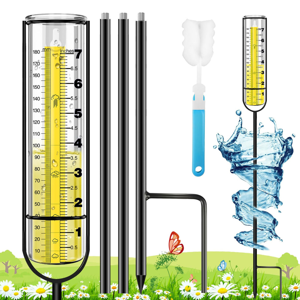 Rain Gauge Outdoor, Rain Gauges with Metal Stake for Yard, Upgraded Large Clear Numbers 7'' Freeze Proof Thickened Transparent Plastic Measure Tool Garden Lawn Adjustable Height 37'' Tall