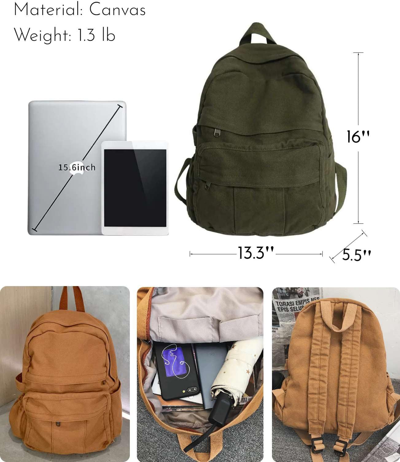 Canvas Backpack for Women Men Retro Aesthetic Rucksack Vintage Backpack for College Travel Laptop Bag