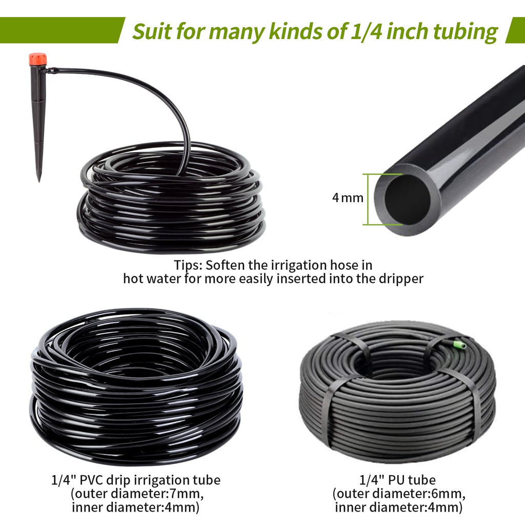 Hakioi 100 pcs Drip Emitters for 1/4 inch Drip Irrigation Tubing 360 Degree Adjustable Water Flow Irrigation Emitters Drippers for Drip Irrigation Irrigation Drip Heads for Flower Plant