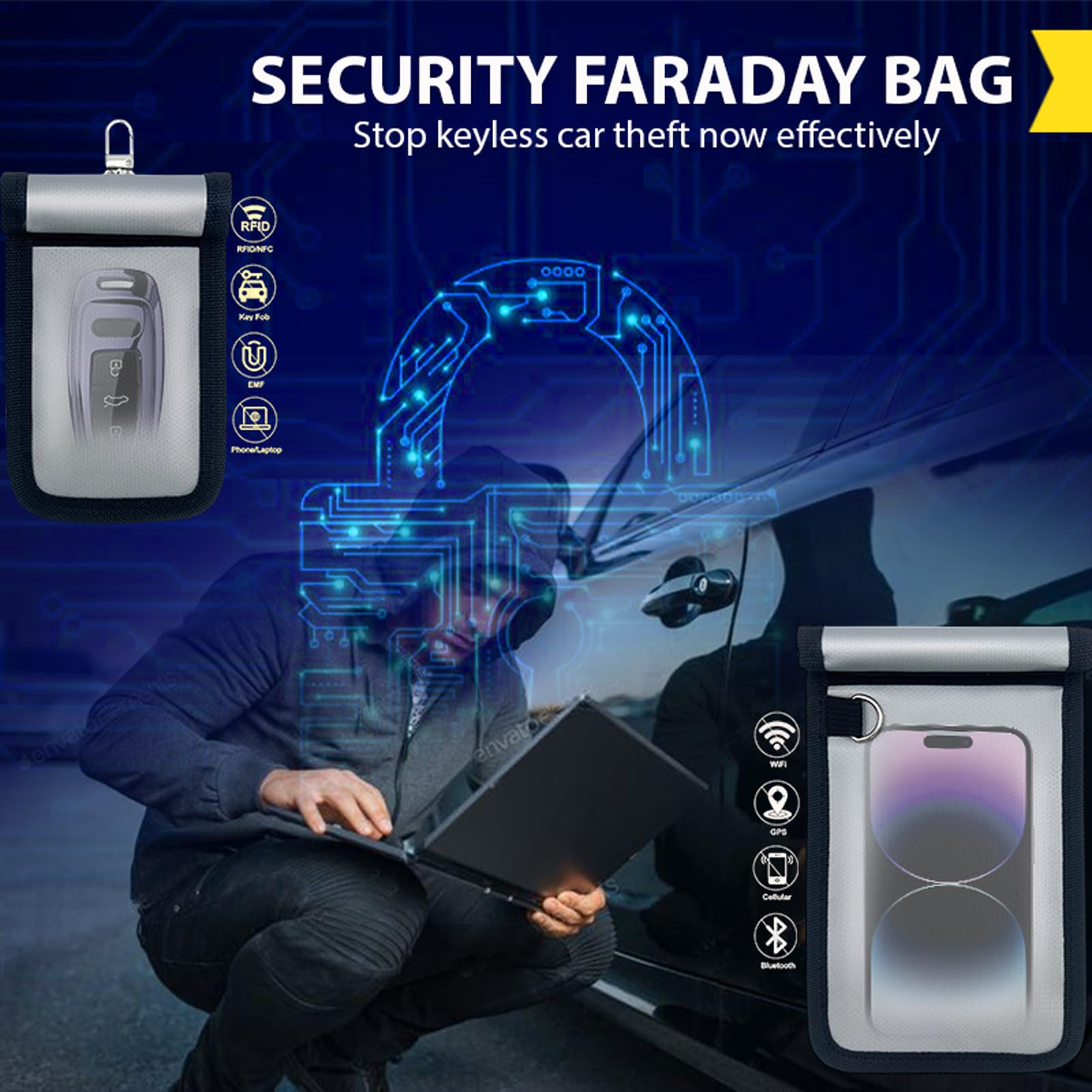 Faraday Bags, 5 Pack Faraday Cage with Key Fob Protector, Fireproof Waterproof Bag EMP Proof Signal Blocker, Anti-Theft RFID Blocking Pouch for Laptops, Tablets, Phones, Car Keys, Electronics (Grey)